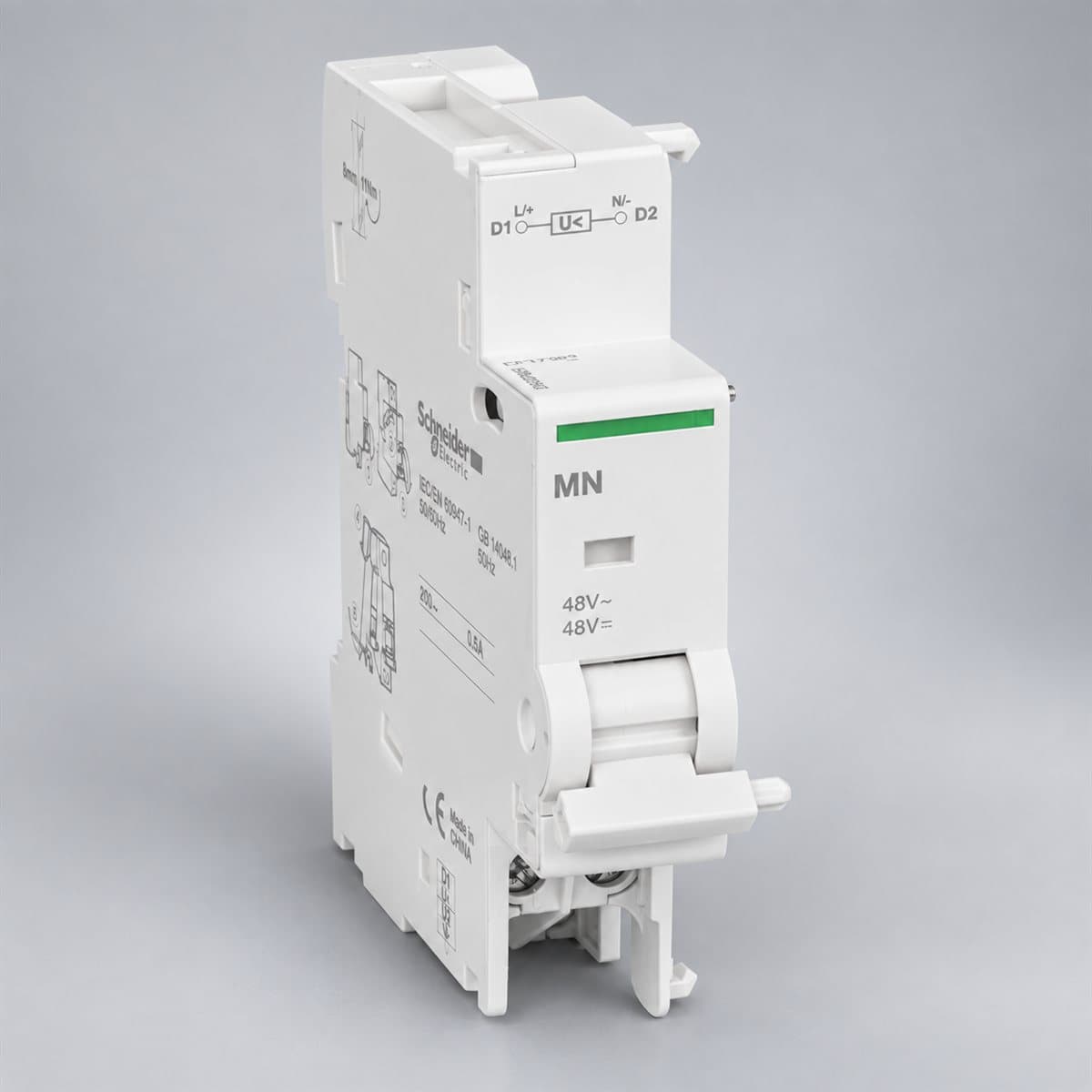 Cuộn bảo vệ thấp áp cho Acti9 C60H-DC, C120 Schneider chụp góc nghiêng 3/4, thấy rõ mặt và cạnh bên
