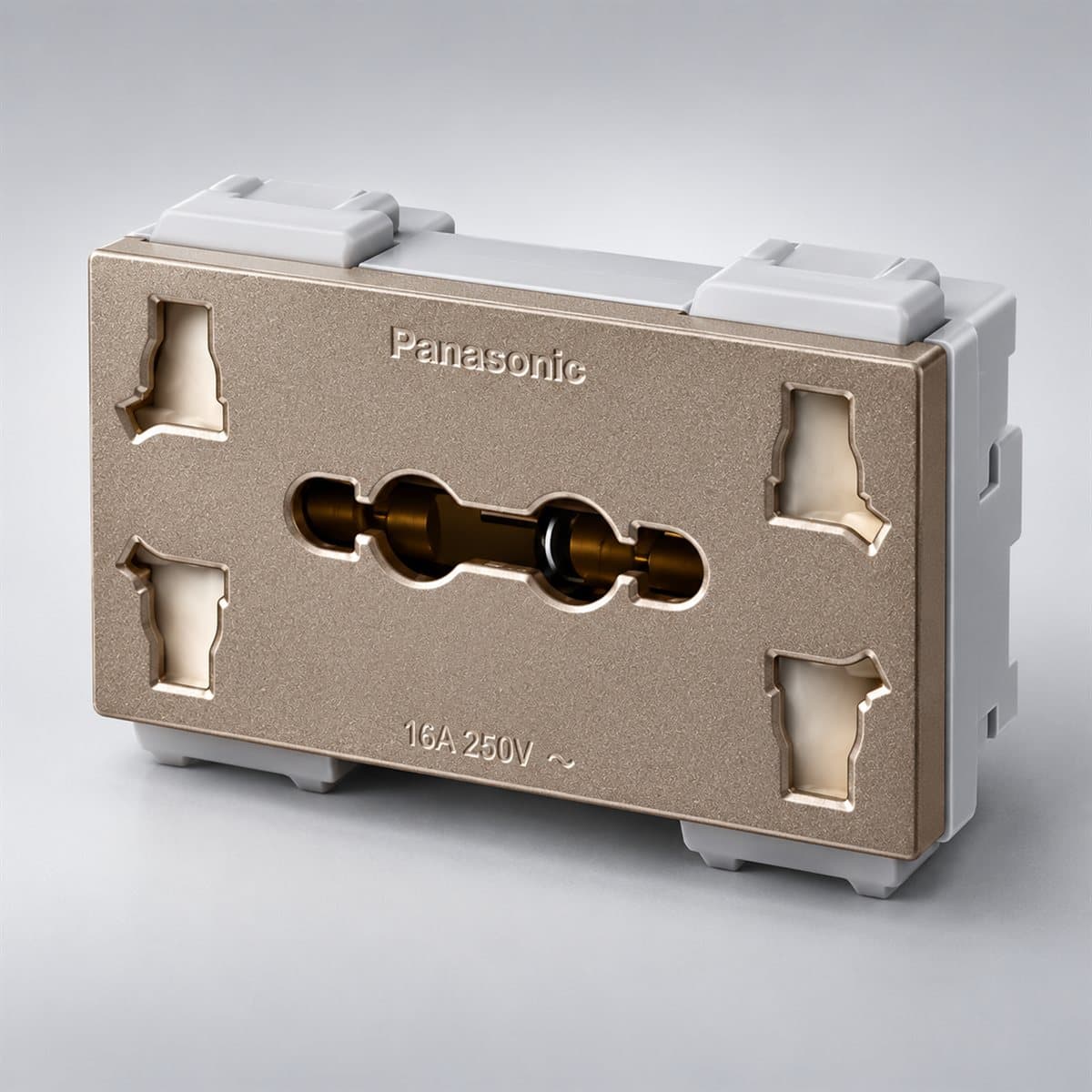 Ổ cắm đôi đa năng có màn che, bắt vít Halumie Panasonic chụp góc nghiêng 3/4, thấy rõ mặt và cạnh bên