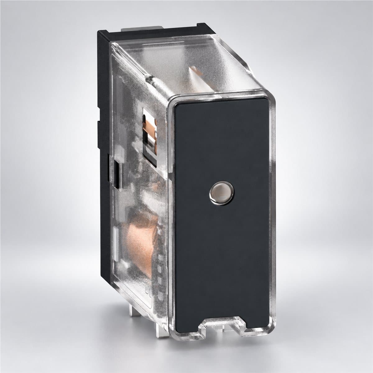 Rơ le RXG Basic Schneider chụp góc nghiêng 3/4, thấy rõ mặt và cạnh bên