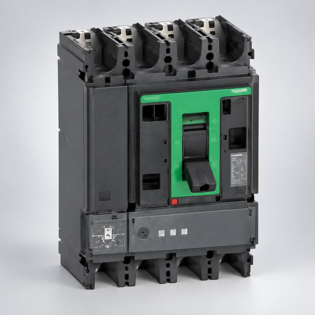 MCCB ComPacT NSX N/H loại cố định Schneider chụp góc nghiêng 3/4, thấy rõ mặt và cạnh bên