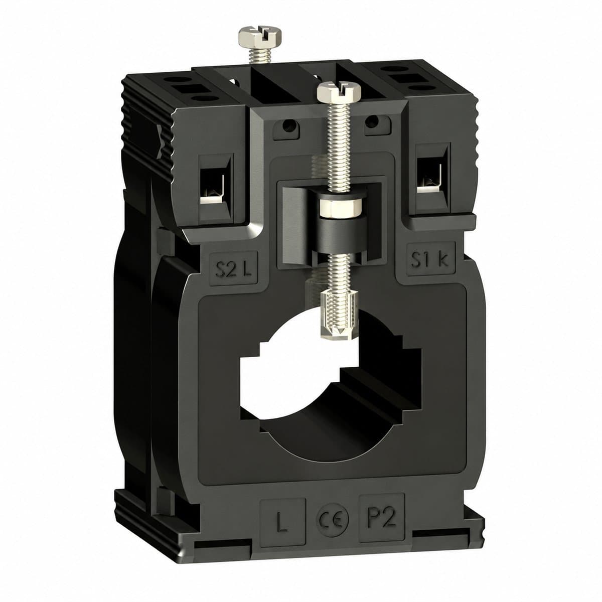 Máy biến dòng Ip/5A Type M (cáp/thanh) Schneider trên nền trắng, ảnh sản phẩm chính diện
