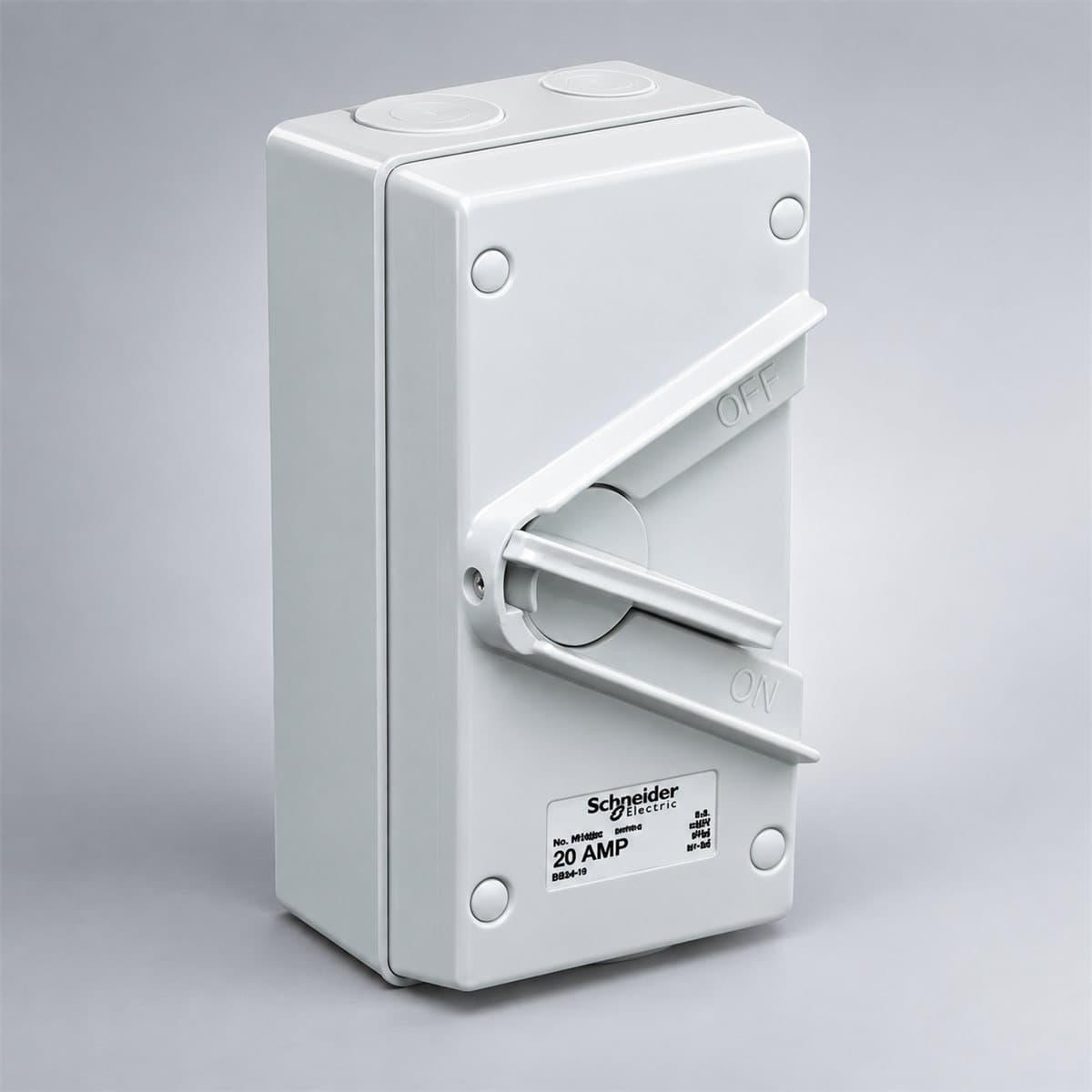 Cầu dao cách ly chống nước S56 Schneider chụp góc nghiêng 3/4, thấy rõ mặt và cạnh bên
