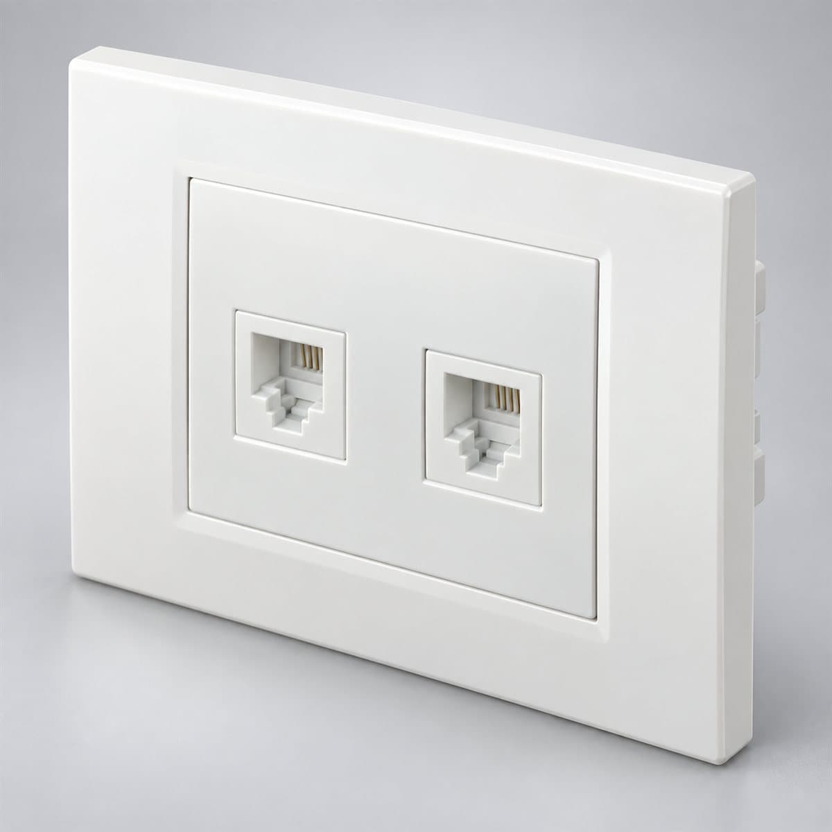 Ổ điện thoại và mạng cat5e Vivace Schneider chụp góc nghiêng 3/4, thấy rõ mặt và cạnh bên