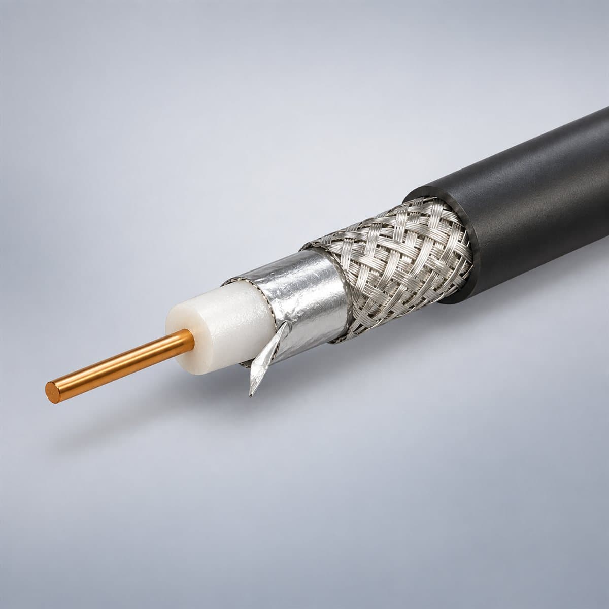 Dây cáp đồng trục RG6 Panasonic chụp góc nghiêng 3/4, thấy rõ mặt và cạnh bên