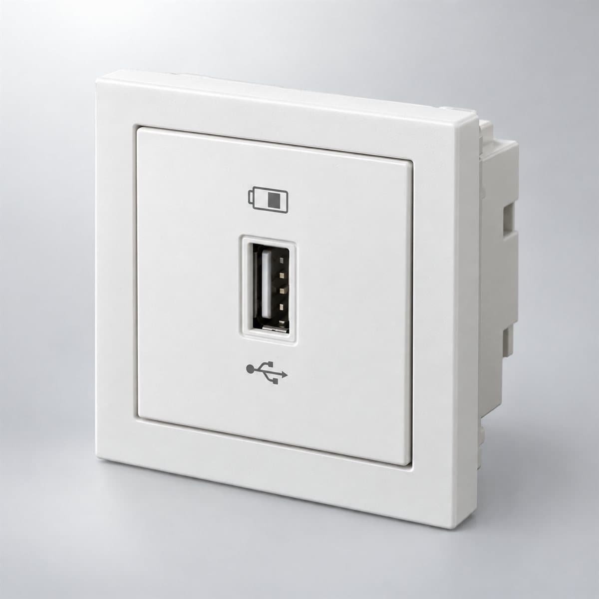 Ổ sạc USB đơn Vivace Schneider chụp góc nghiêng 3/4, thấy rõ mặt và cạnh bên