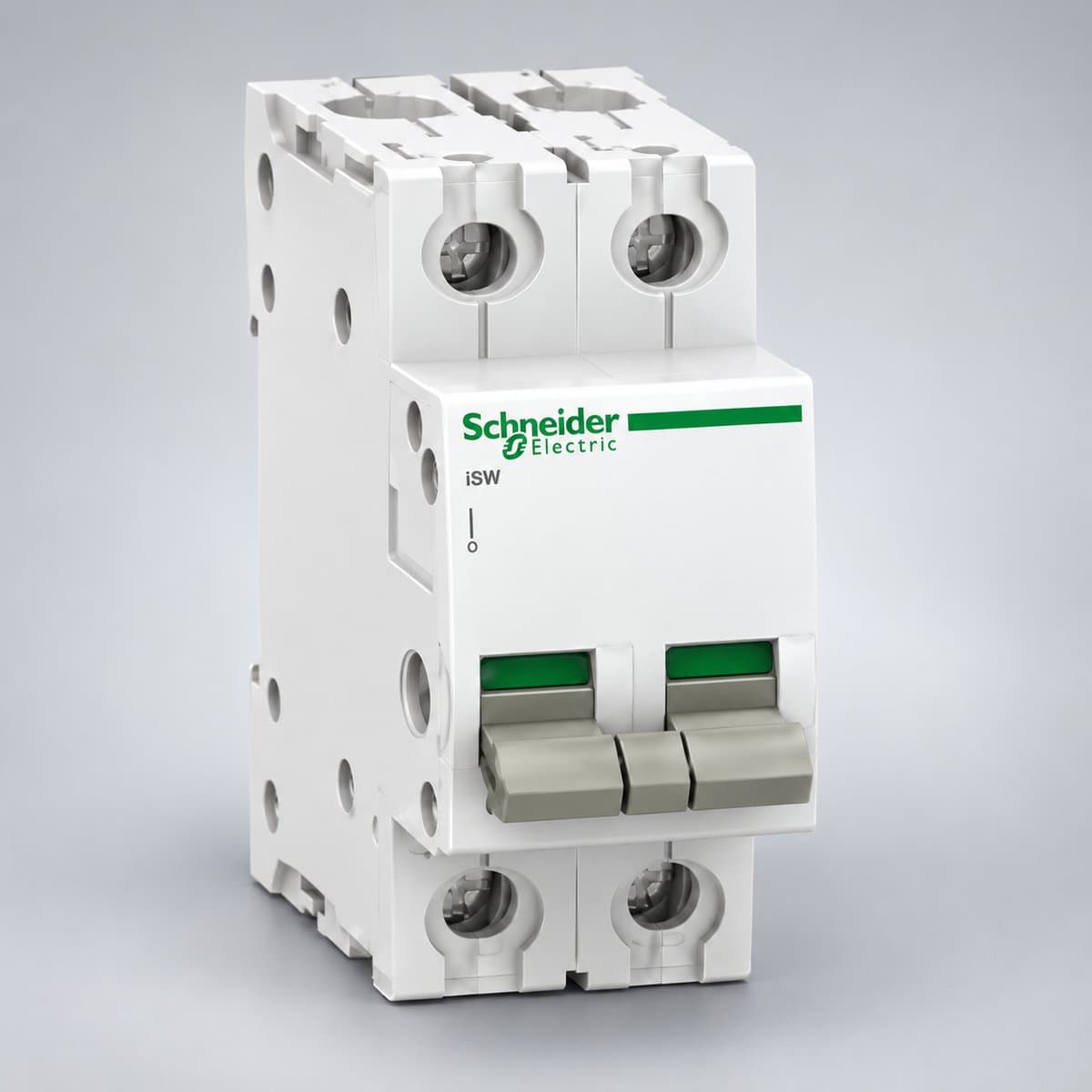 Acti9 - Rơ le xung Impulse iTL & Bộ ngắt cách ly iSW Schneider chụp góc nghiêng 3/4, thấy rõ mặt và cạnh bên