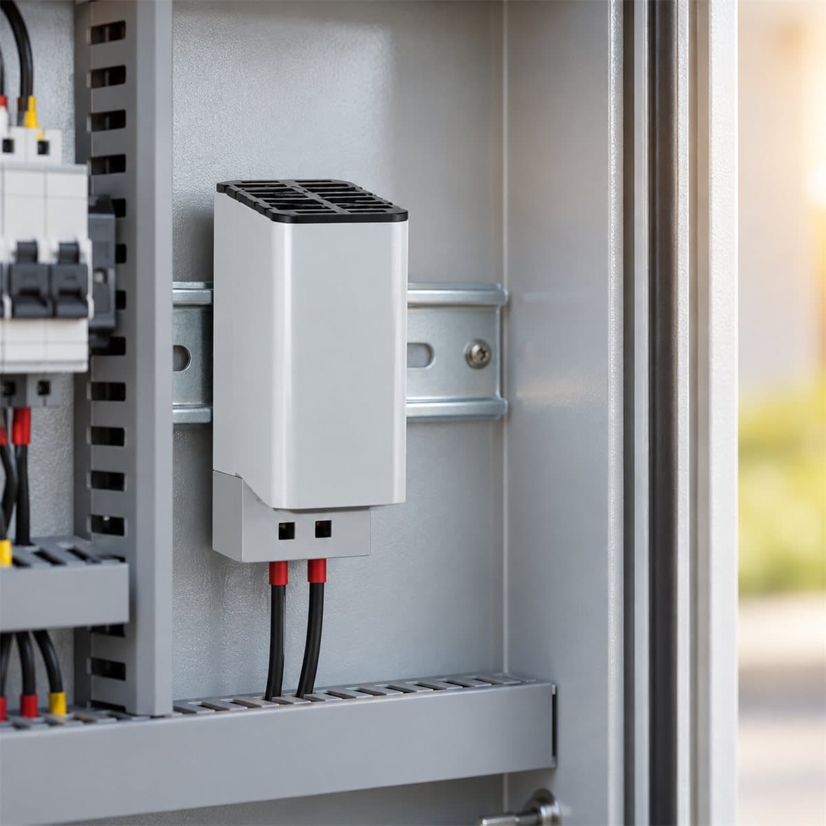 Điện trở sưởi cách điện 2 cực cho tủ điện Schneider đã lắp đặt trong nhà