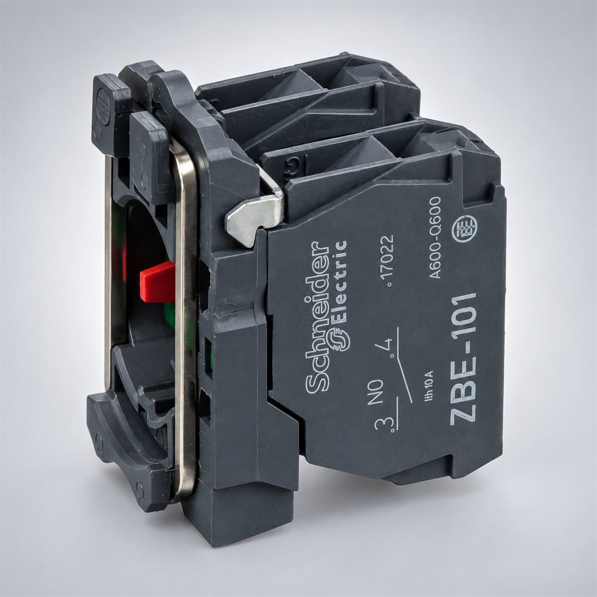 Thân công tắc (lắp ráp) Harmony XB5 Ø22 Schneider chụp góc nghiêng 3/4, thấy rõ mặt và cạnh bên