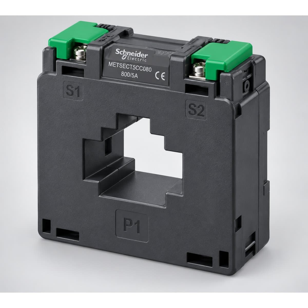 Máy biến dòng tỷ lệ Ip/5A Schneider chụp góc nghiêng 3/4, thấy rõ mặt và cạnh bên