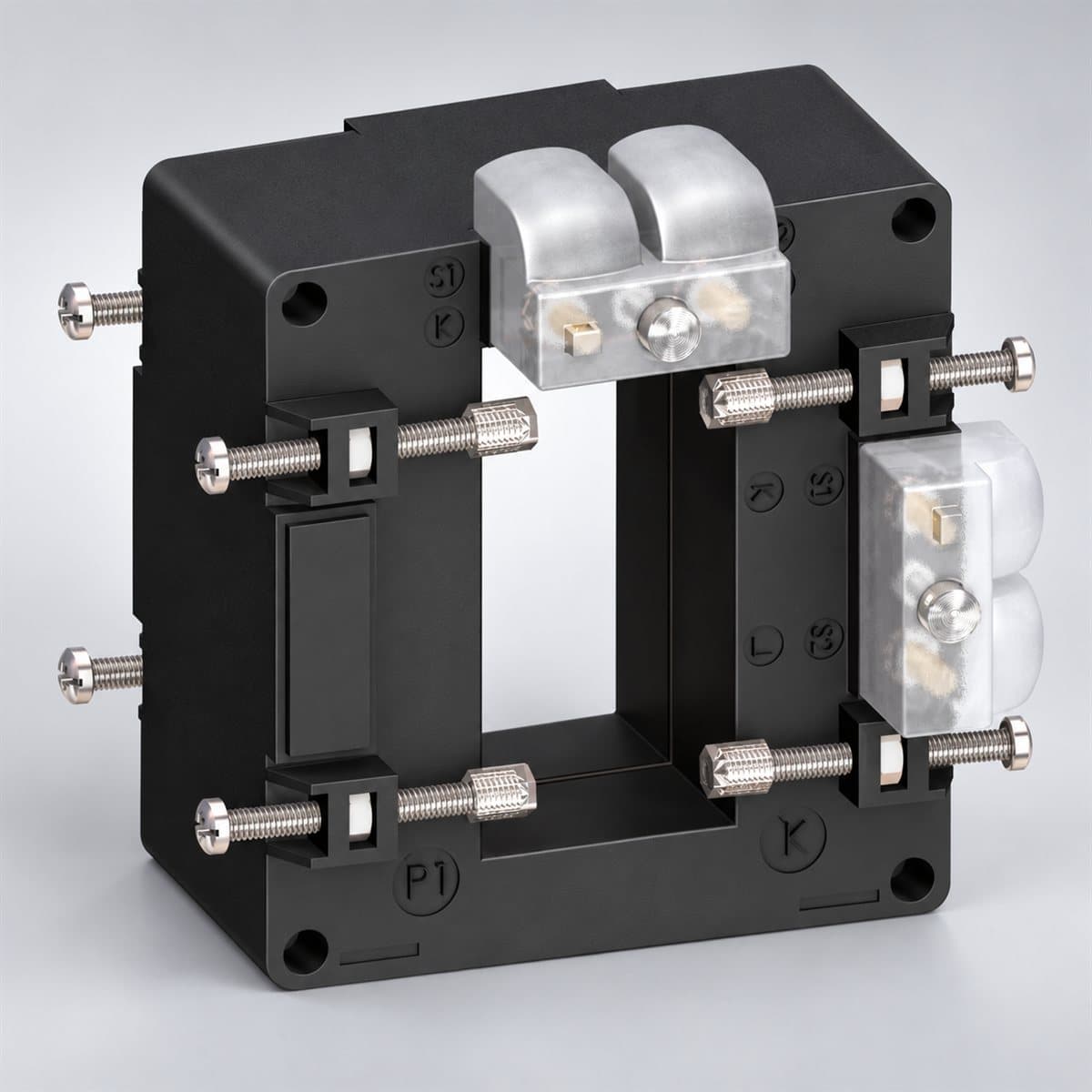 Máy biến dòng Ip/5A Type D (thanh, 2 đầu thứ cấp) Schneider chụp góc nghiêng 3/4, thấy rõ mặt và cạnh bên