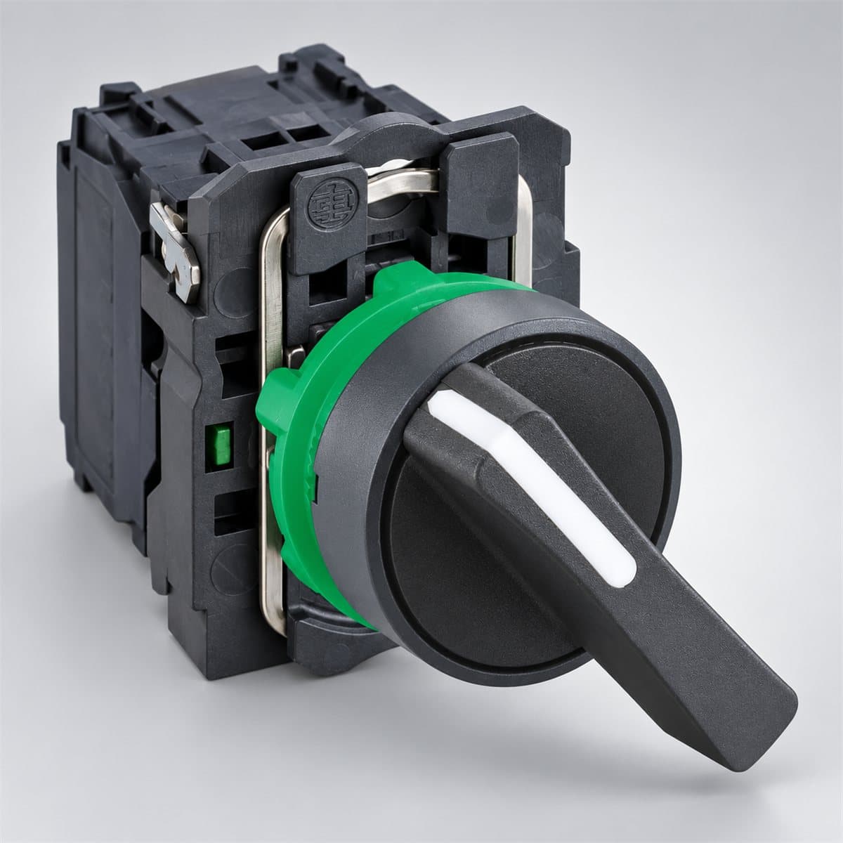 Công tắc xoay tay nắm dài, trọn bộ Harmony XB5 Ø22 Schneider chụp góc nghiêng 3/4, thấy rõ mặt và cạnh bên