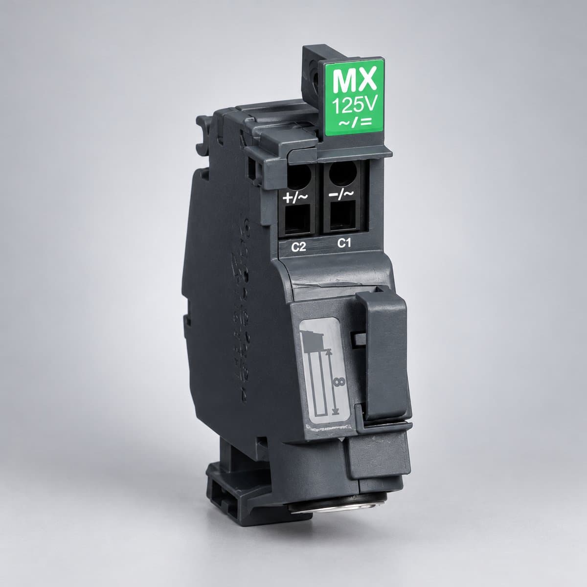 Cuộn MX/MN cho MCCB ComPacT NSXm Schneider chụp góc nghiêng 3/4, thấy rõ mặt và cạnh bên