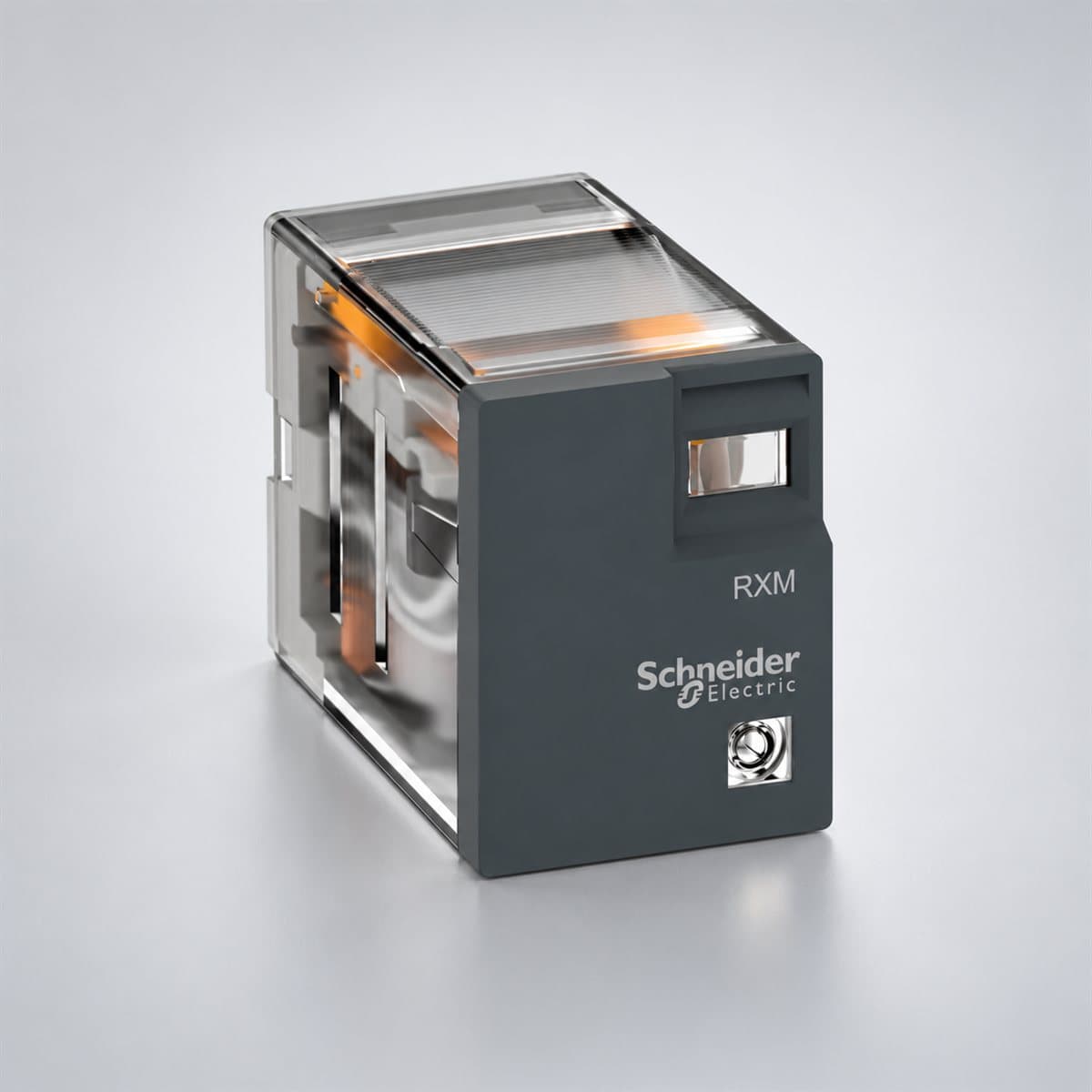 Rơ le thu nhỏ REXO Optimum Schneider chụp góc nghiêng 3/4, thấy rõ mặt và cạnh bên