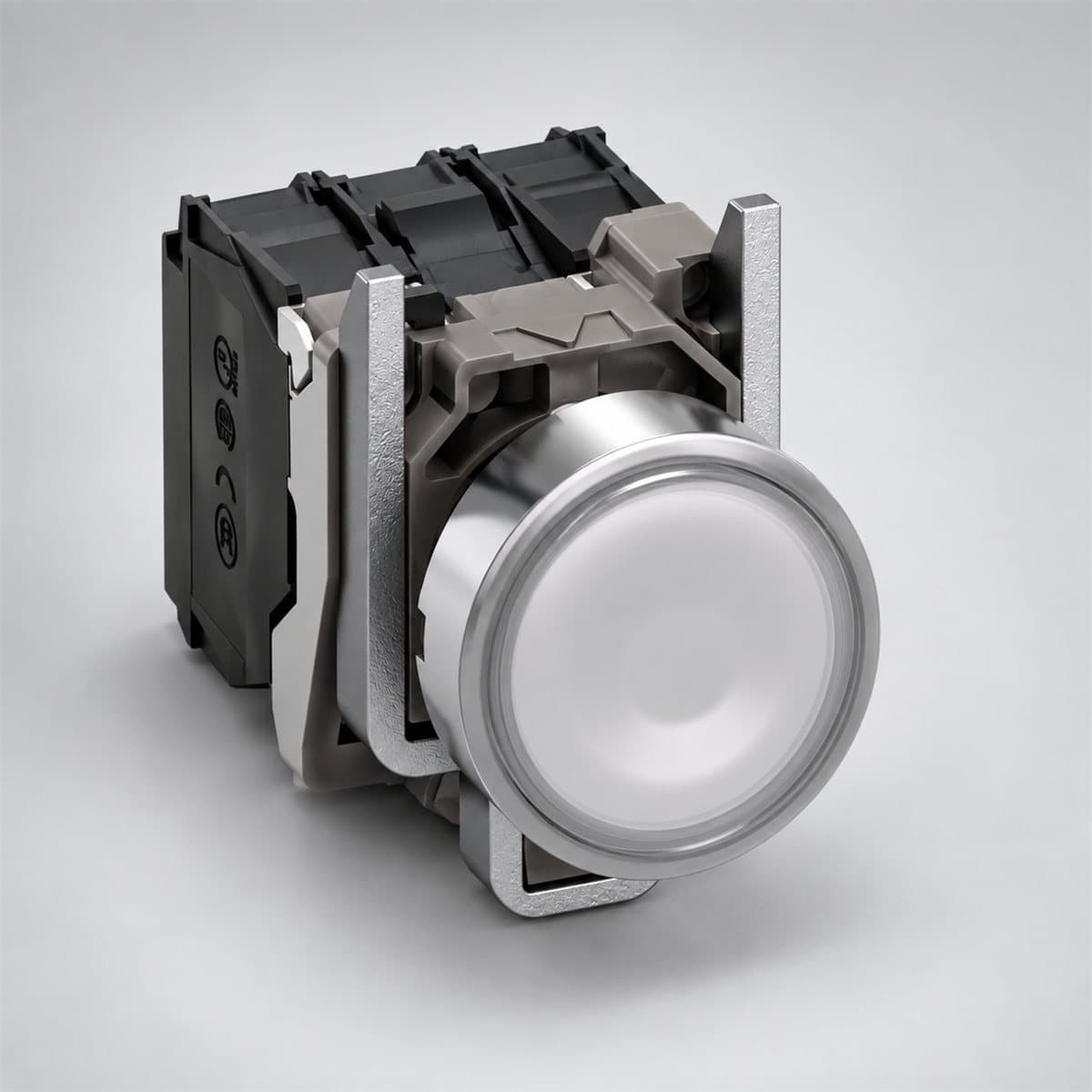 Nút nhấn có đèn trọn bộ Harmony XB4 Ø22 Schneider chụp góc nghiêng 3/4, thấy rõ mặt và cạnh bên
