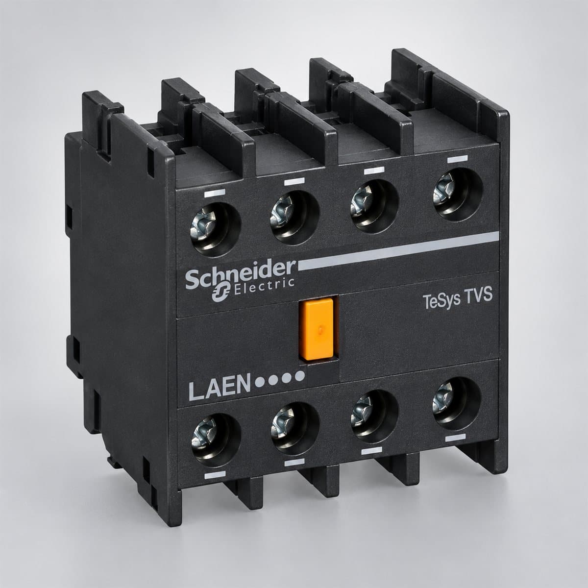 Khối tiếp điểm phụ LAEN EasyPact TVS Schneider chụp góc nghiêng 3/4, thấy rõ mặt và cạnh bên