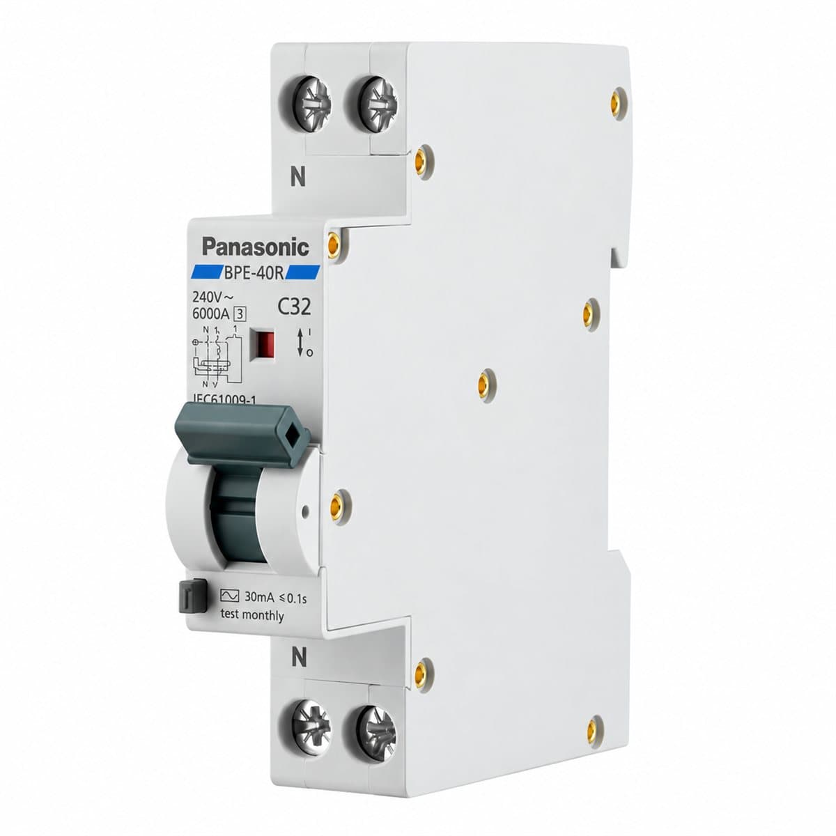 Cầu dao chống rò RCBO Compact Panasonic trên nền trắng, ảnh sản phẩm chính diện