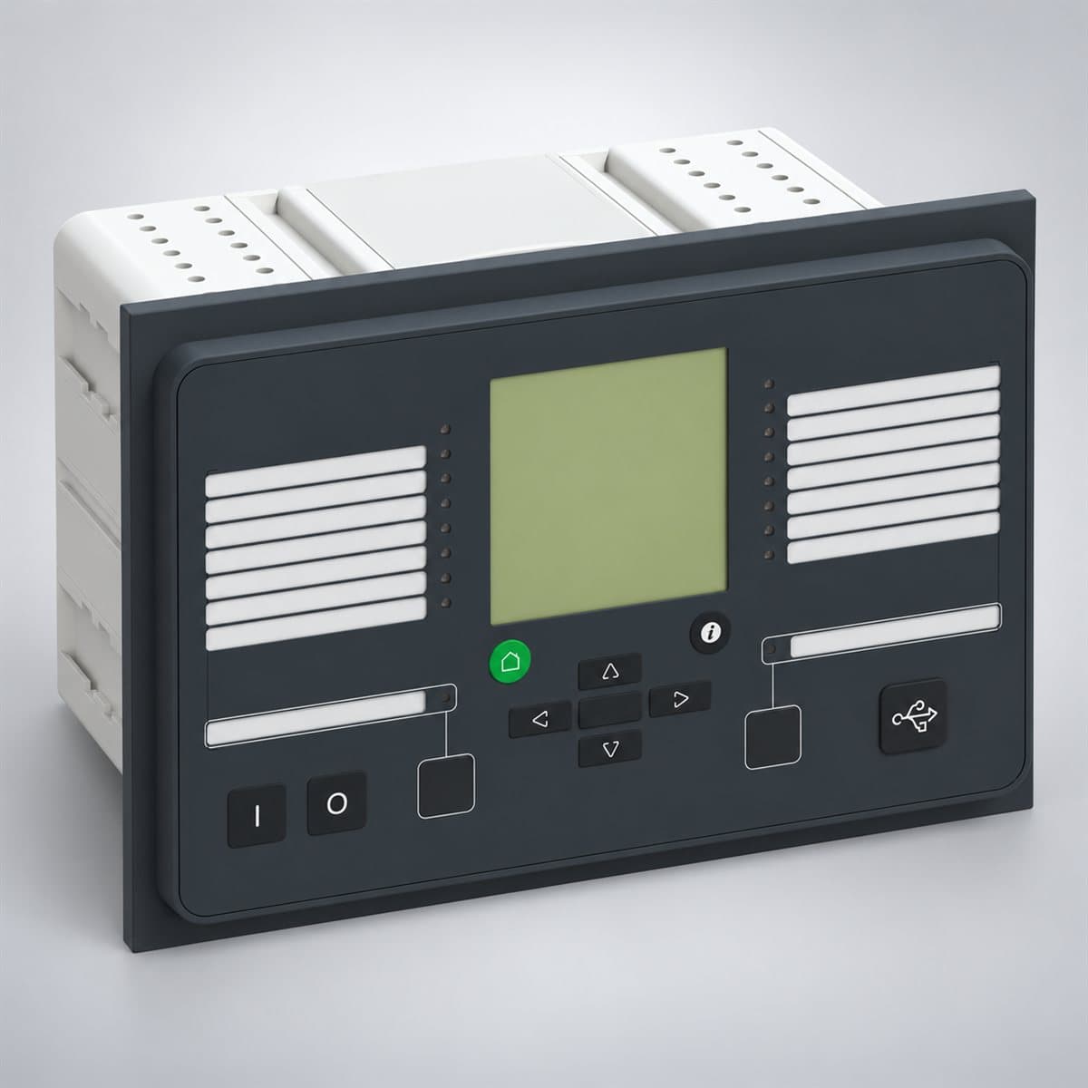 Rơ le bảo vệ PowerLogic Easergy P3 nâng cao Schneider chụp góc nghiêng 3/4, thấy rõ mặt và cạnh bên