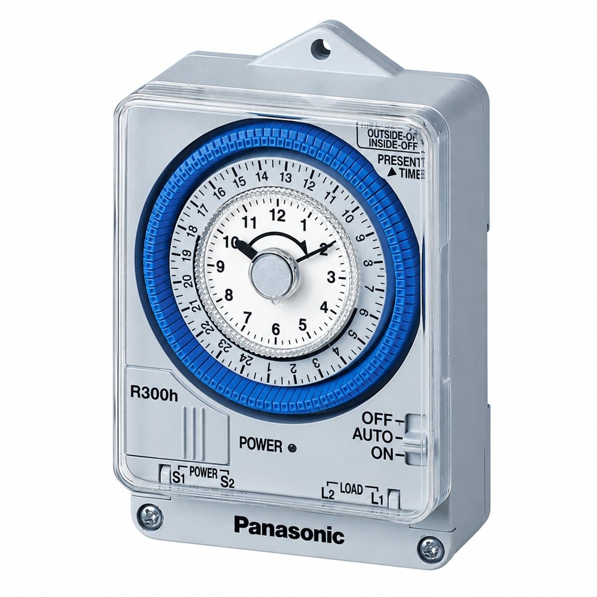 Công tắc đồng hồ 24h gắn thanh ray DIN Panasonic trên nền trắng, ảnh sản phẩm chính diện