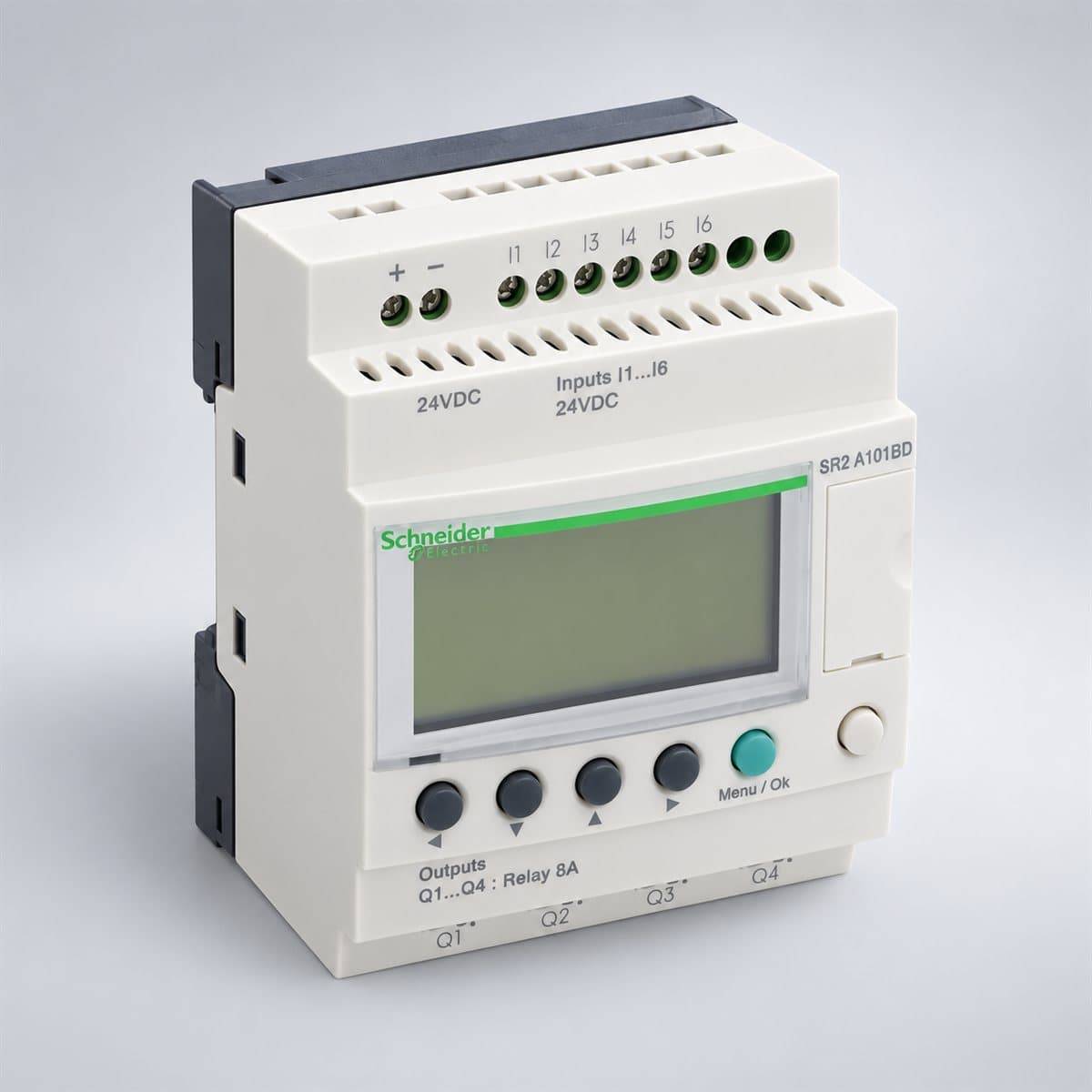 Rơ le thông minh Zelio Logic Compact, có màn hình Schneider chụp góc nghiêng 3/4, thấy rõ mặt và cạnh bên