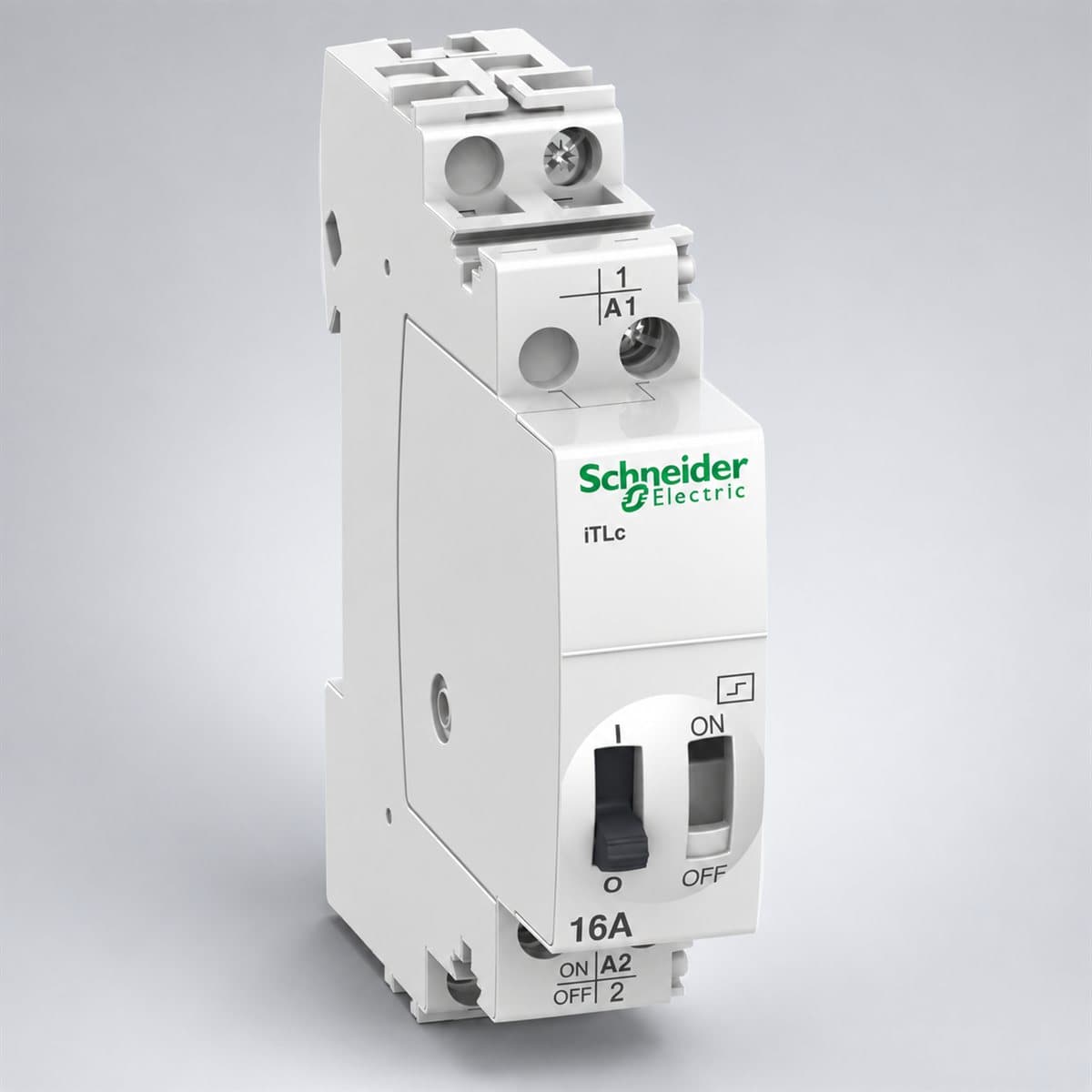 Rơ le xung điều khiển tập trung Acti9 iTLc Schneider chụp góc nghiêng 3/4, thấy rõ mặt và cạnh bên