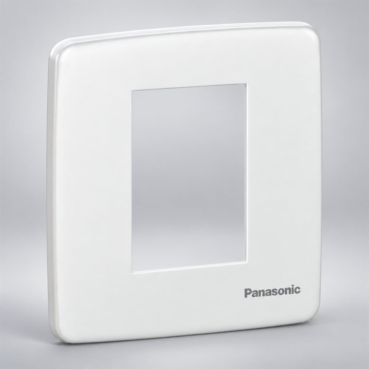 Mặt vuông dùng cho 2 thiết bị/ ổ đơn 3 chấu Minerva Panasonic chụp góc nghiêng 3/4, thấy rõ mặt và cạnh bên