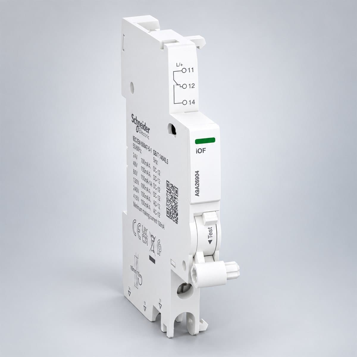 Tiếp điểm phụ & báo lỗi cho Acti9 iC60 Schneider chụp góc nghiêng 3/4, thấy rõ mặt và cạnh bên