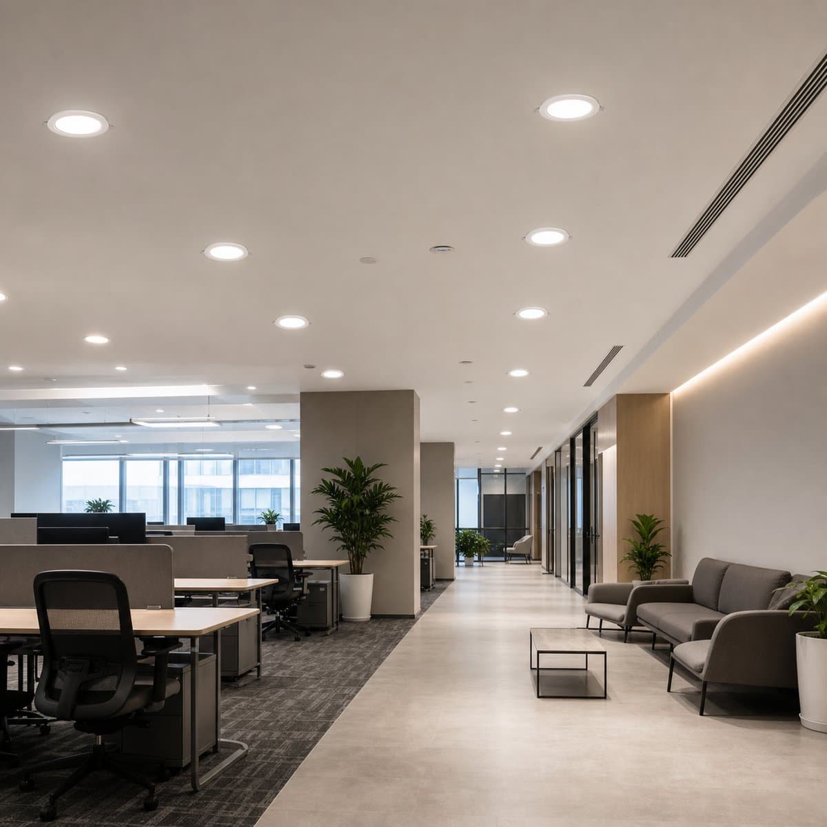 LEDCOMFO Downlight đã lắp đặt, ứng dụng commercial buildings, offices, public areas, workshops, đang chiếu sáng