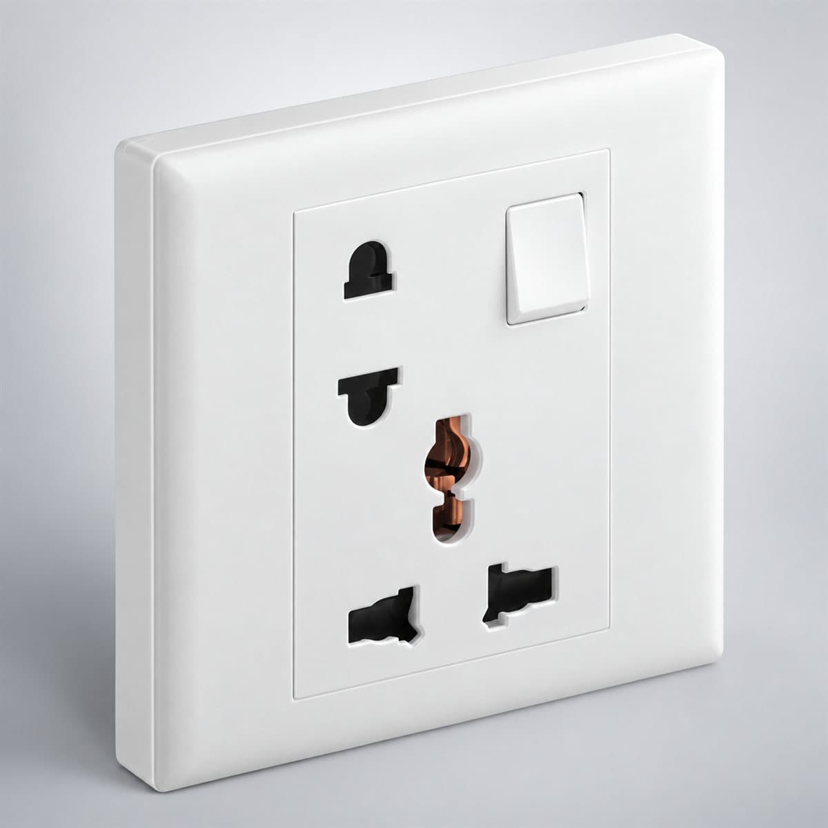 Ổ cắm 2 chấu, đa năng, có công tắc Eloé Legrand chụp góc nghiêng 3/4, thấy rõ mặt và cạnh bên