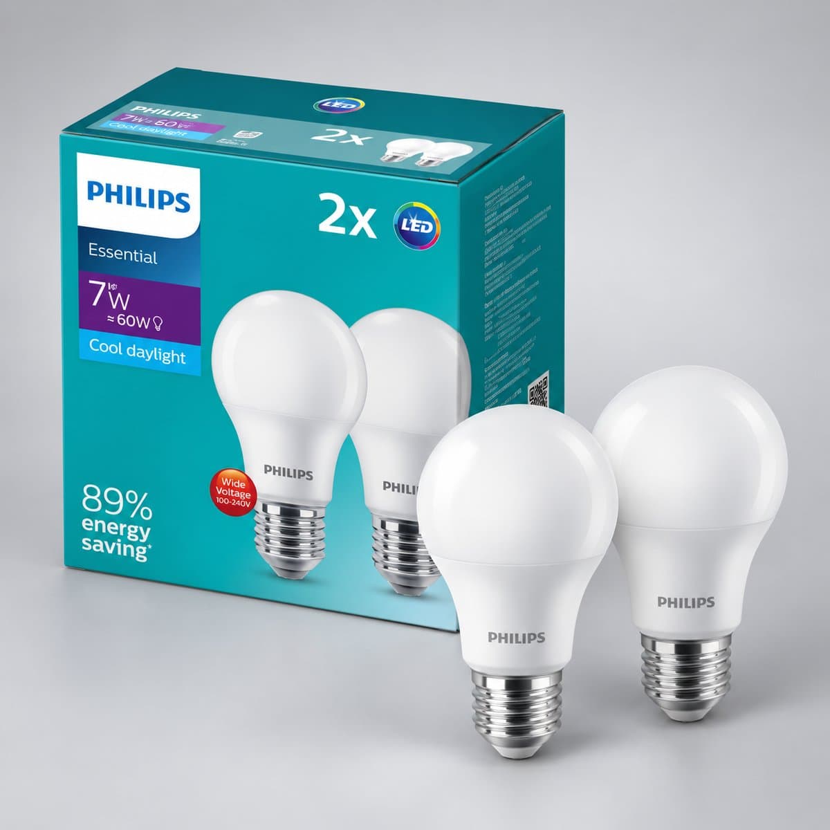Bộ 2 bóng LED Bulb Essential Philips chụp góc nghiêng 3/4, thấy rõ thân và cạnh bên