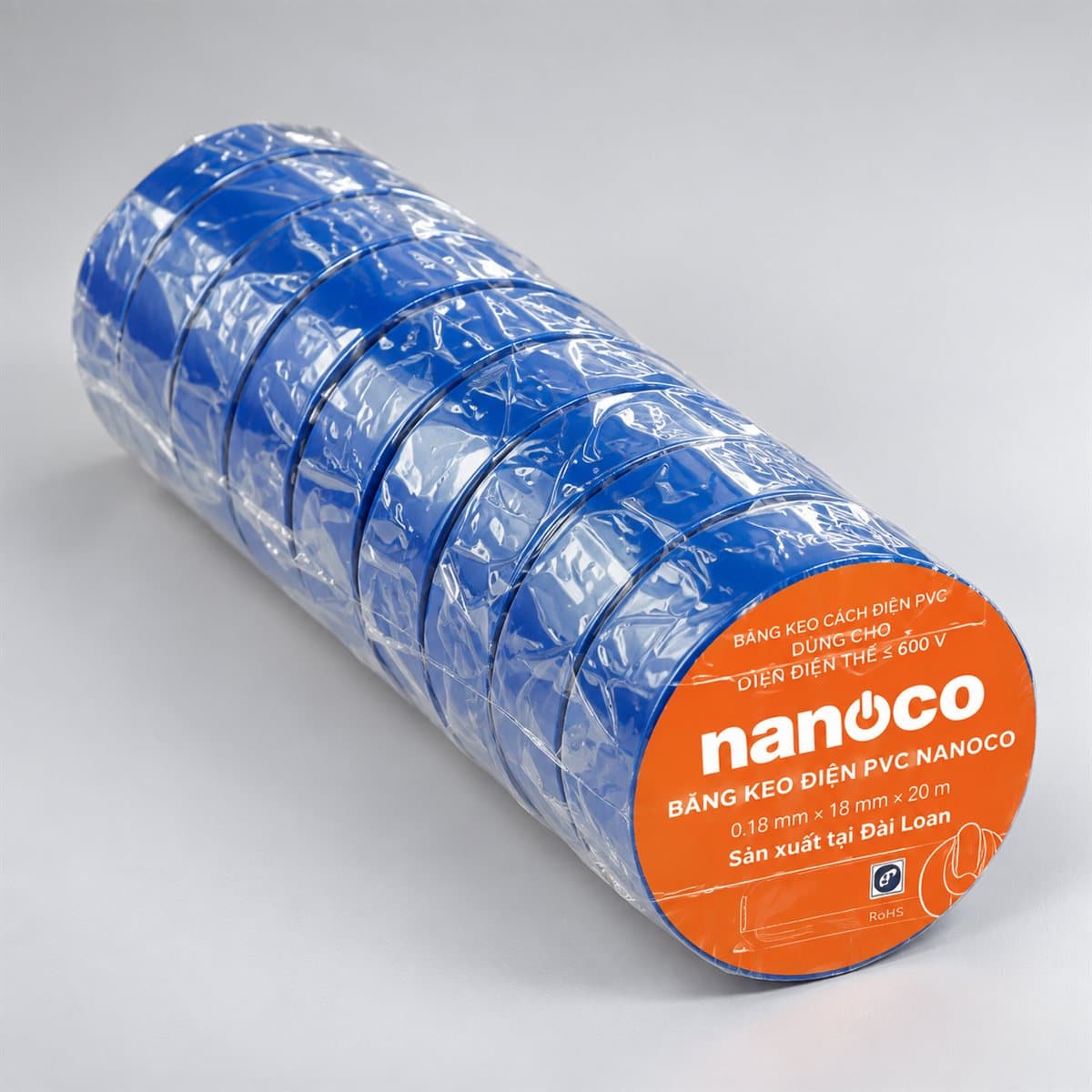 Băng keo cách điện PVC Panasonic chụp góc nghiêng 3/4, thấy rõ mặt và cạnh bên