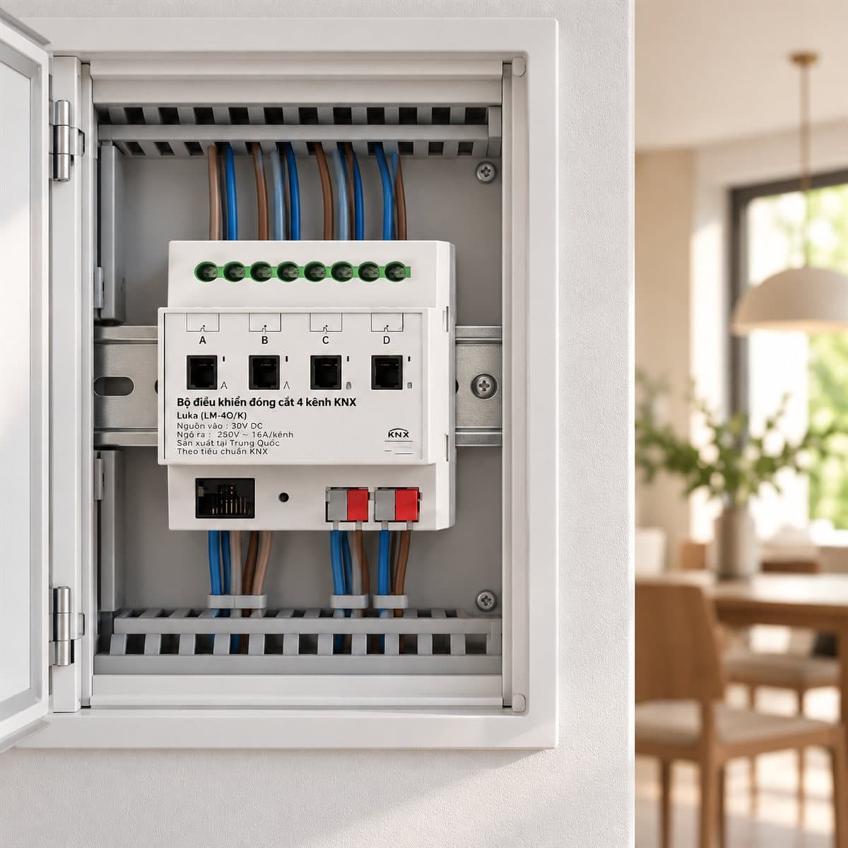 Bộ điều khiển đóng cắt 4 kênh KNX Luka đã lắp đặt trong nhà