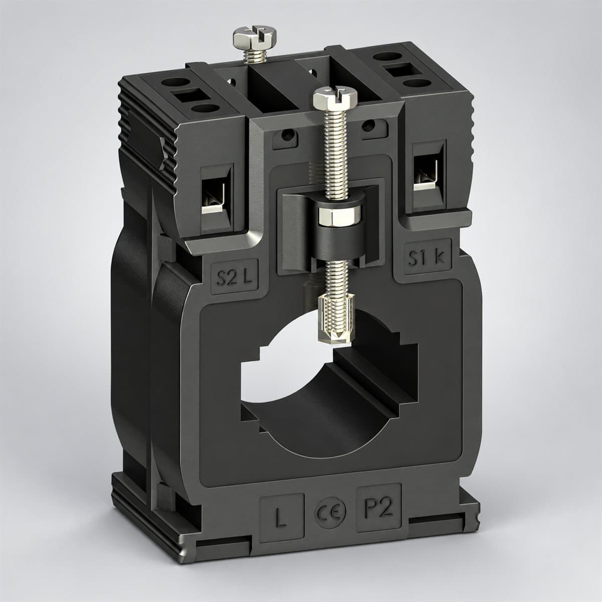 Máy biến dòng Ip/5A Type M (cáp/thanh) Schneider chụp góc nghiêng 3/4, thấy rõ mặt và cạnh bên