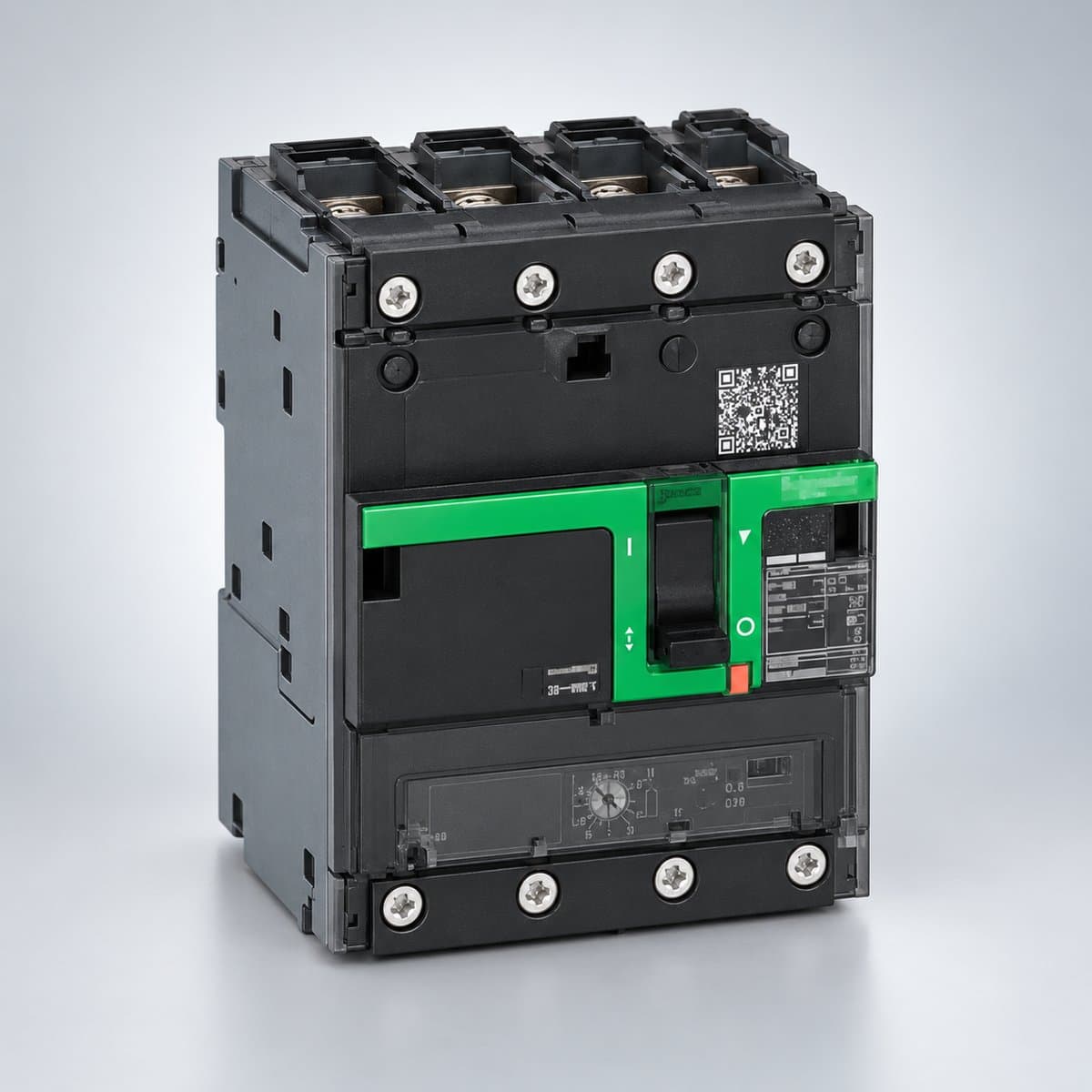 MCCB ComPacT NSXm Schneider chụp góc nghiêng 3/4, thấy rõ mặt và cạnh bên