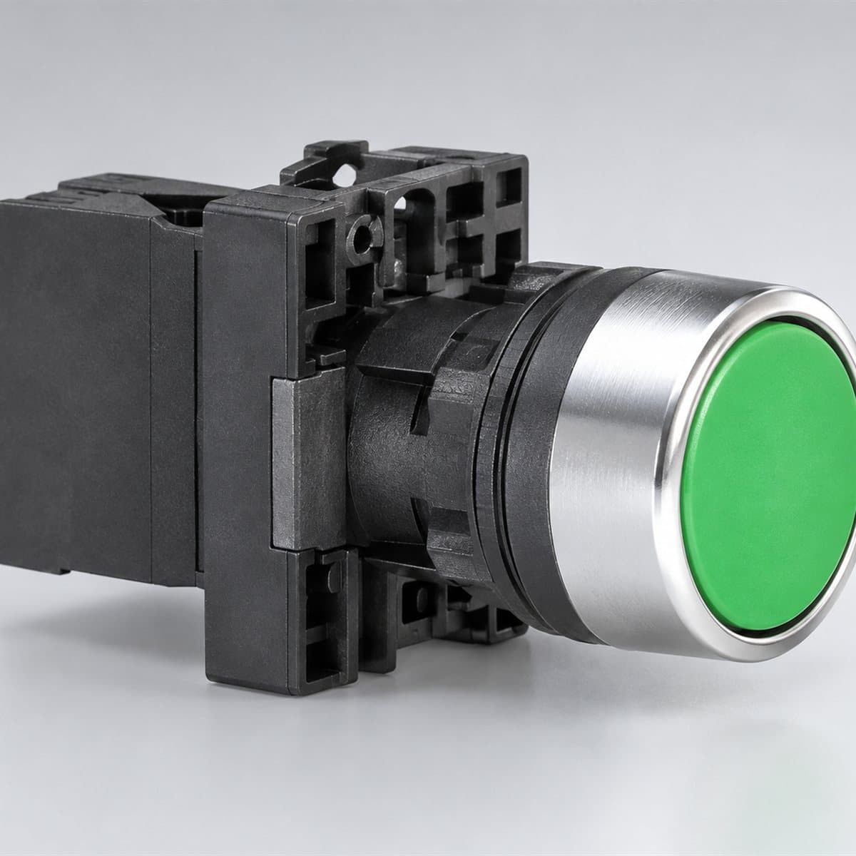 Nút nhấn phẳng Harmony XA2 Ø22 Schneider chụp góc nghiêng 3/4, thấy rõ mặt và cạnh bên