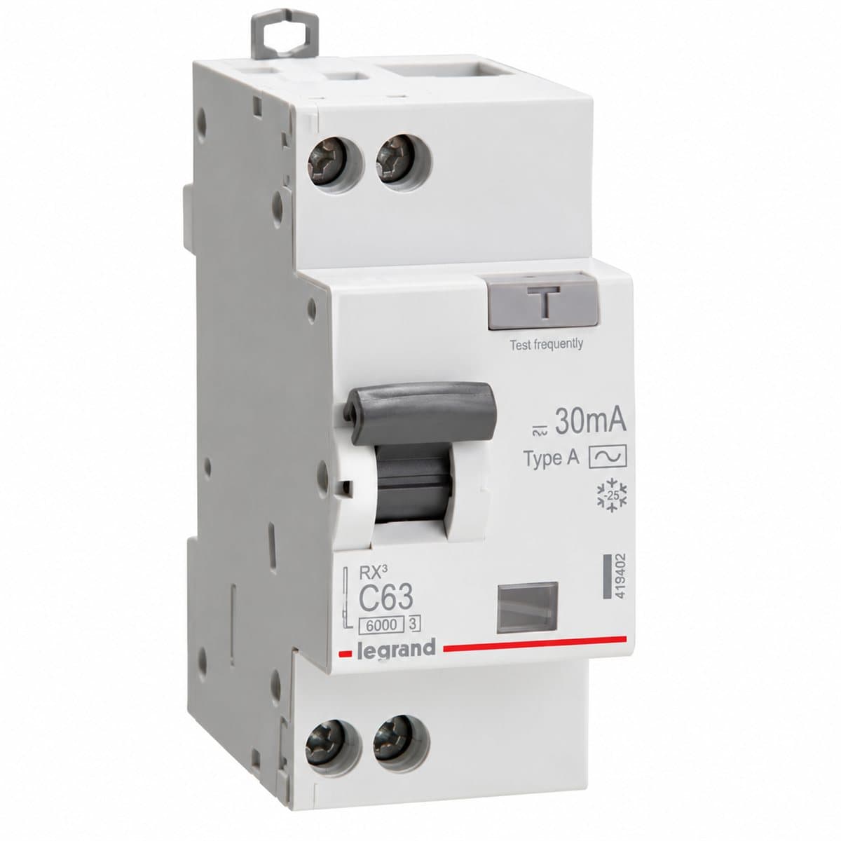 Cầu dao chống rò RCBO RXE Legrand trên nền trắng, ảnh sản phẩm chính diện