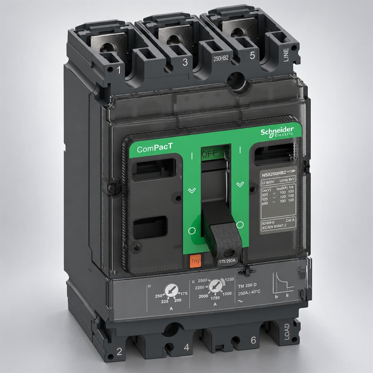 MCCB ComPacT NSX250 B/F cố định Schneider chụp góc nghiêng 3/4, thấy rõ mặt và cạnh bên