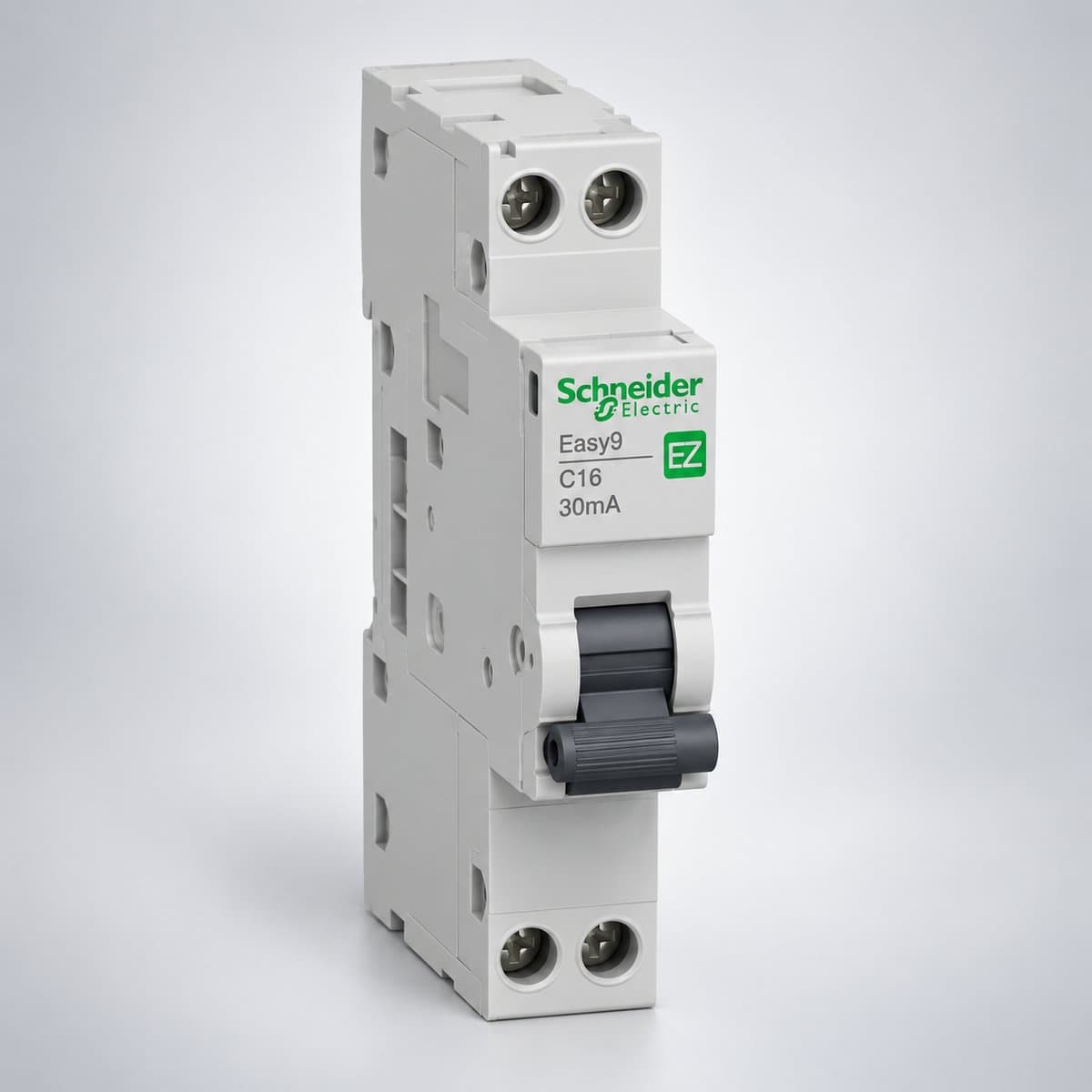 Easy9 RCCB, RCBO & SPD Schneider chụp góc nghiêng 3/4, thấy rõ mặt và cạnh bên