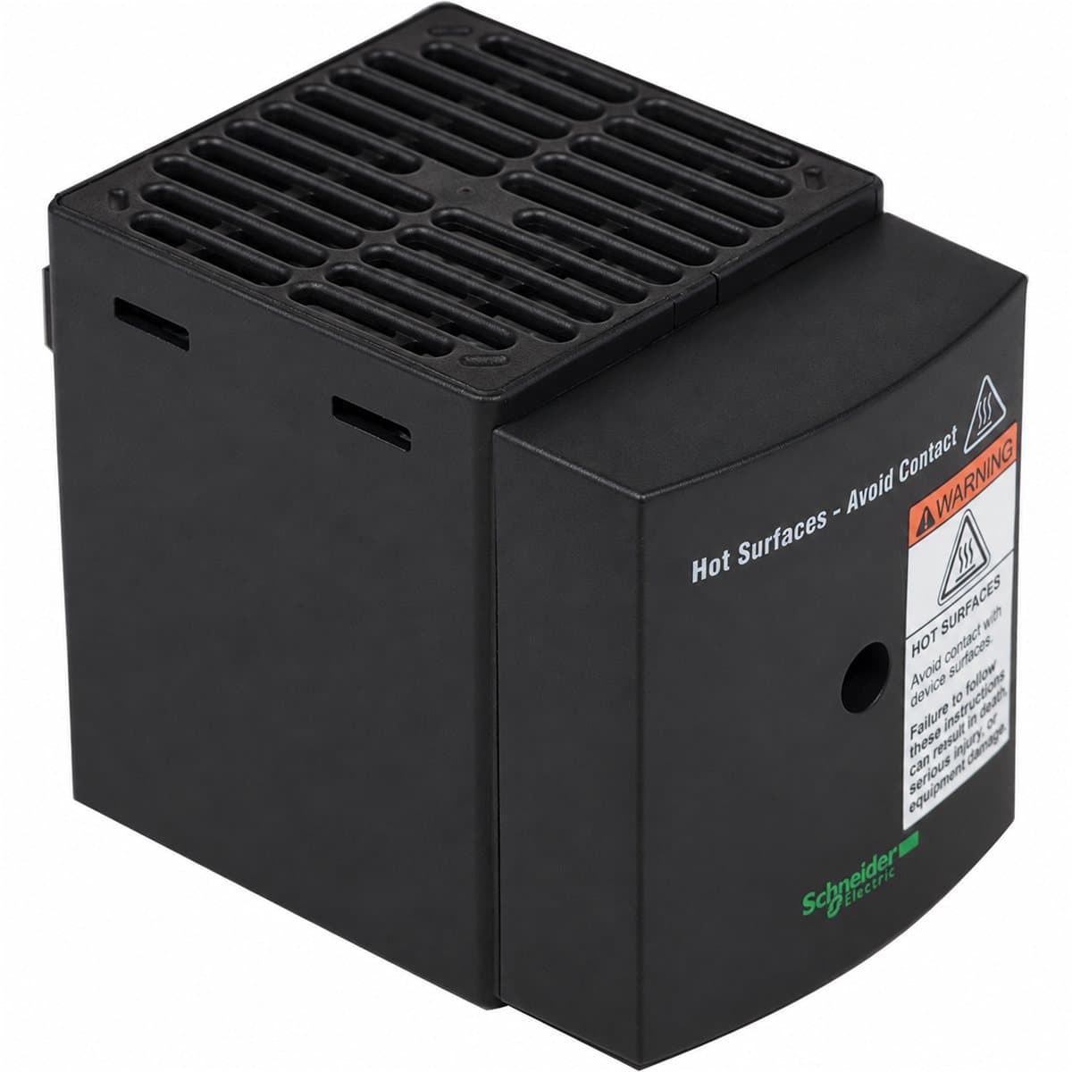 Điện trở sưởi cách điện có quạt cho tủ điện Schneider trên nền trắng, ảnh sản phẩm chính diện