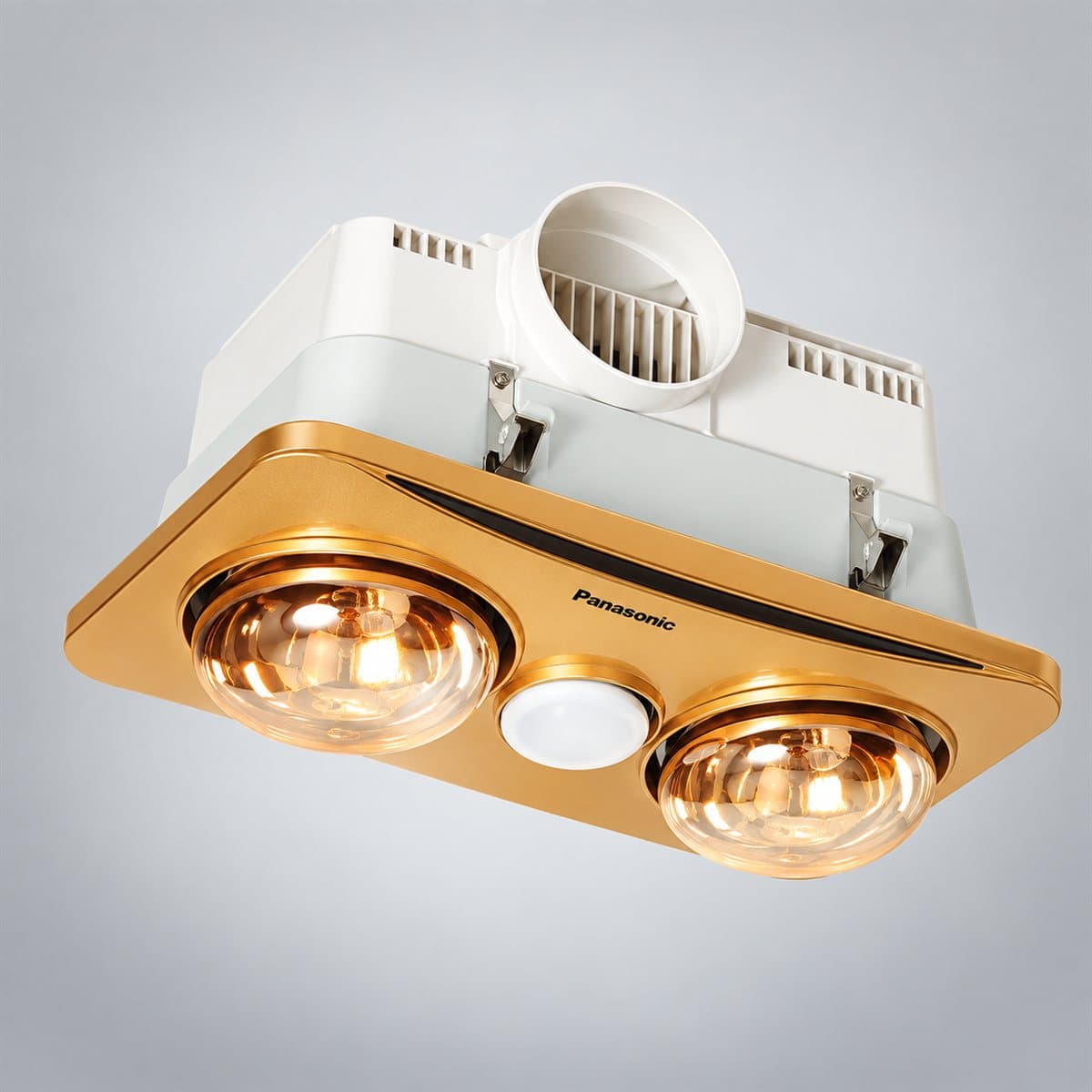 Đèn sưởi âm trần có quạt hút, 2 bóng Panasonic chụp góc nghiêng 3/4, thấy rõ thân và cạnh bên