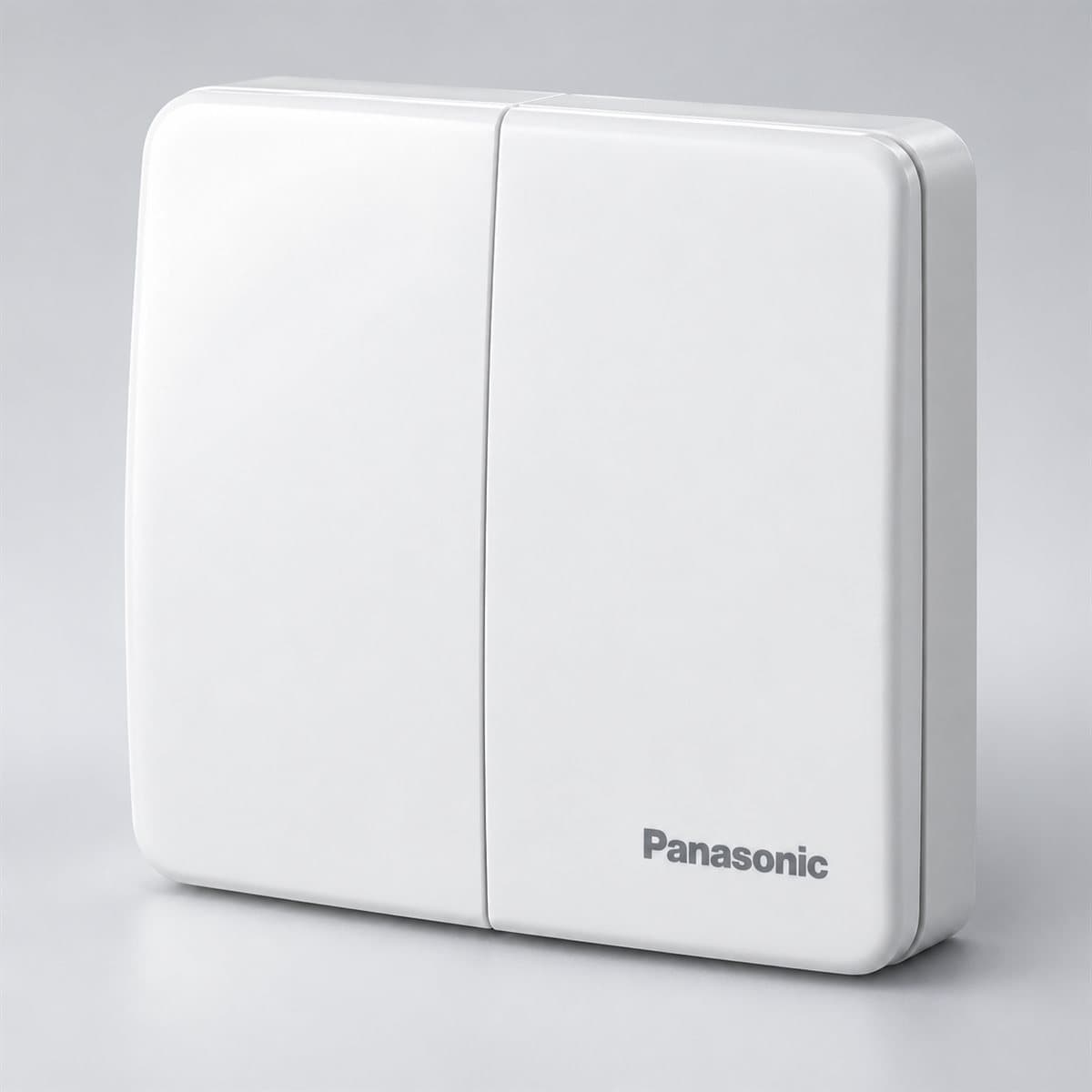 Bộ 2 công tắc B, 1 chiều, cắm nhanh Minerva Panasonic chụp góc nghiêng 3/4, thấy rõ mặt và cạnh bên