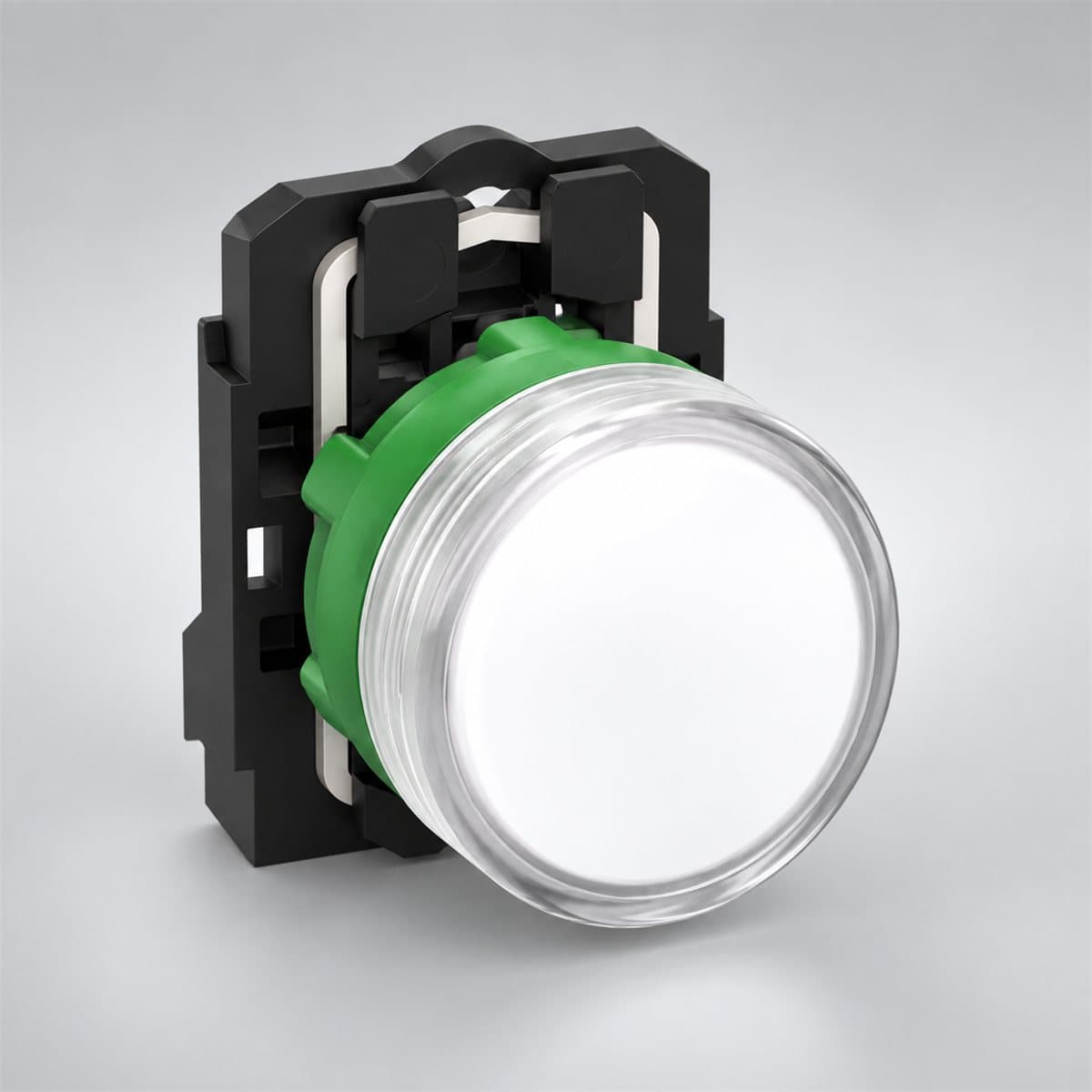 Đèn báo trọn bộ Harmony XB5 Ø22 Schneider chụp góc nghiêng 3/4, thấy rõ mặt và cạnh bên