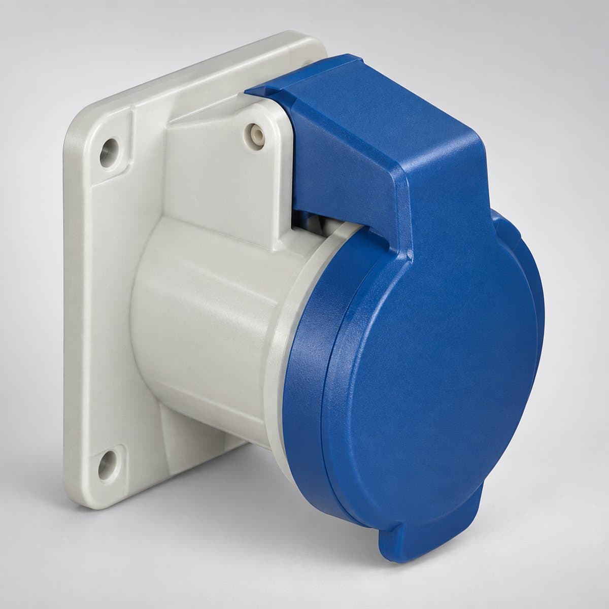 Ổ cắm gắn tủ thẳng công nghiệp PK Schneider chụp góc nghiêng 3/4, thấy rõ mặt và cạnh bên