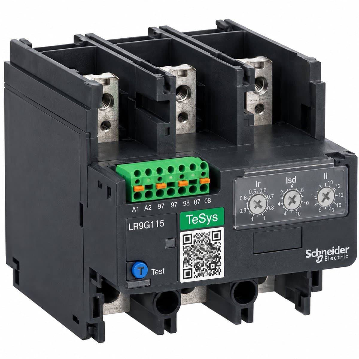 Rơ le bảo vệ TeSys Giga LR9G Schneider trên nền trắng, ảnh sản phẩm chính diện
