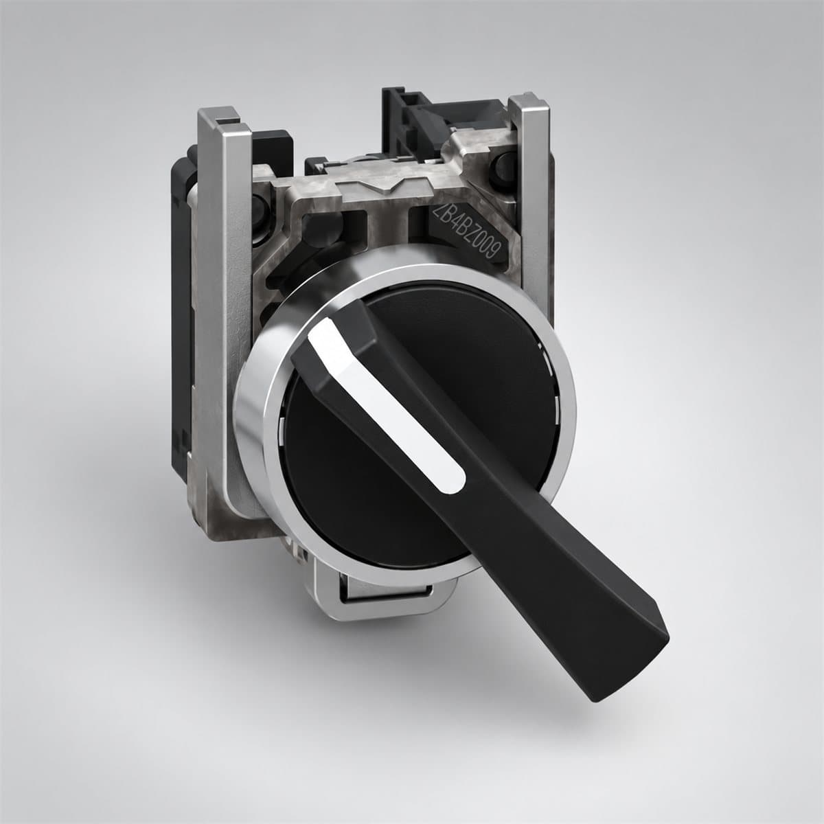 Công tắc xoay tay nắm dài trọn bộ Harmony XB4 Schneider chụp góc nghiêng 3/4, thấy rõ mặt và cạnh bên