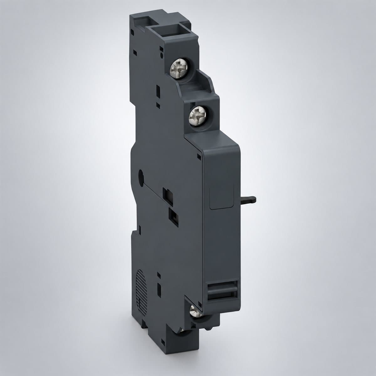 Tiếp điểm báo lỗi + tiếp điểm phụ lắp bên trái TeSys GV2 Schneider chụp góc nghiêng 3/4, thấy rõ mặt và cạnh bên