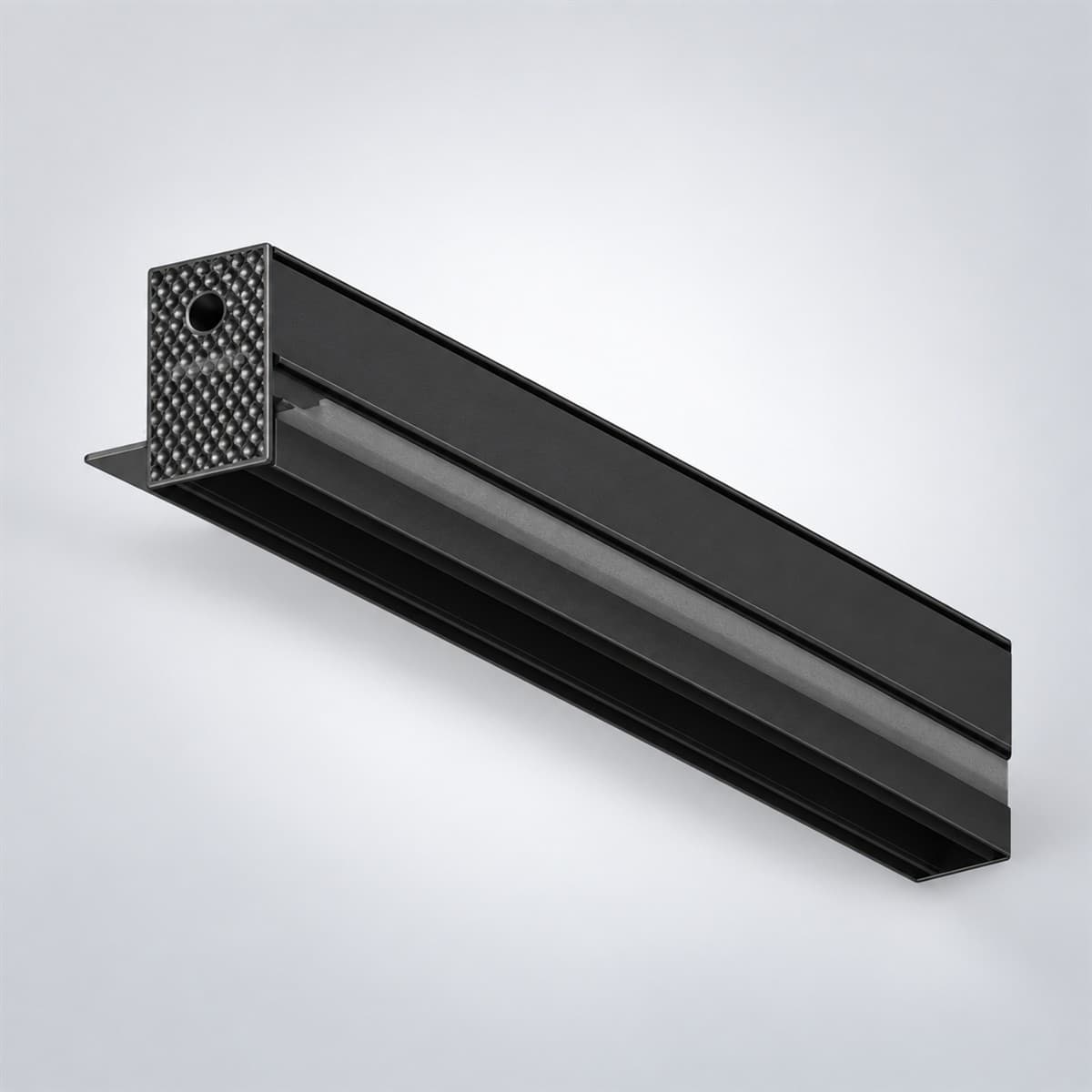 Phụ kiện ray nam châm 48V Lumi chụp góc nghiêng 3/4, thấy rõ thân và cạnh bên