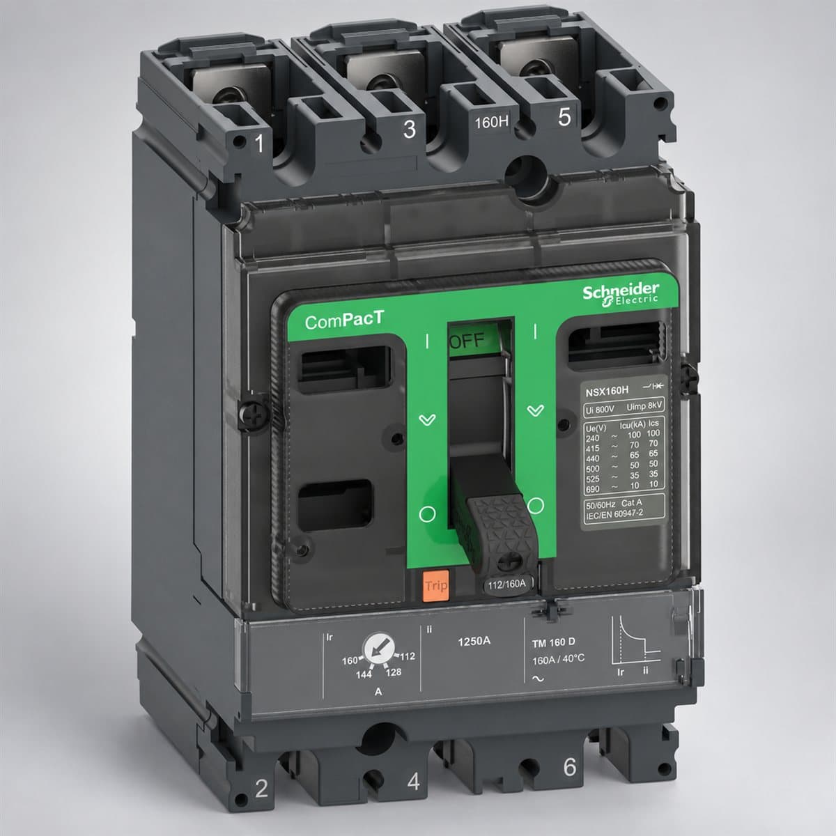 MCCB ComPacT NSX100 N/H cố định Schneider chụp góc nghiêng 3/4, thấy rõ mặt và cạnh bên