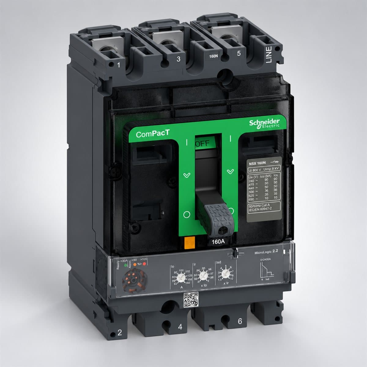 MCCB ComPacT NSX160 N/H cố định Schneider chụp góc nghiêng 3/4, thấy rõ mặt và cạnh bên