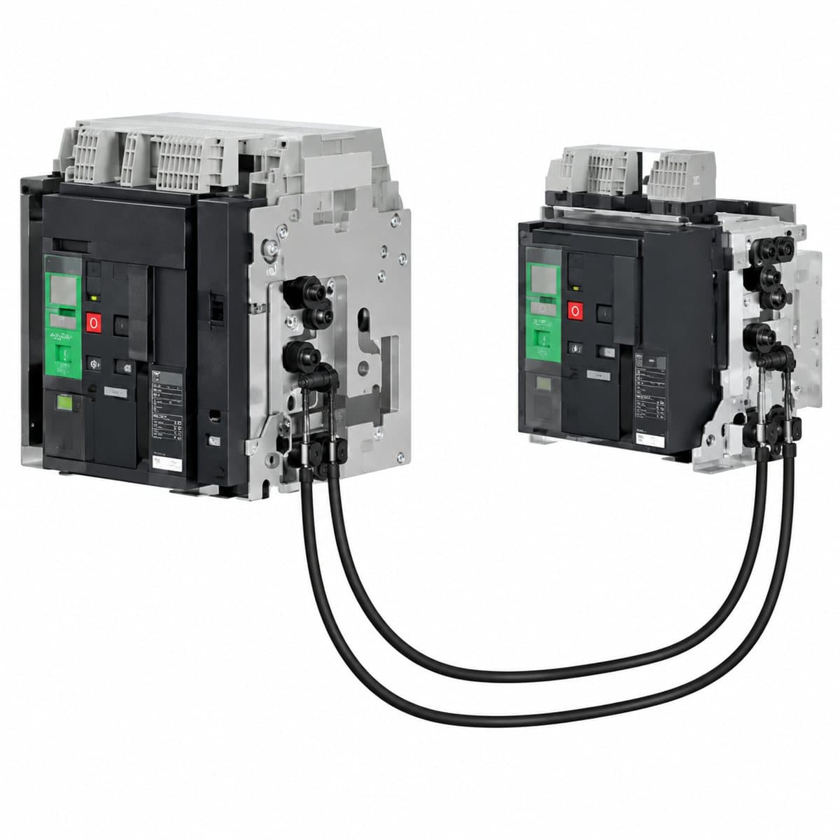 Bộ 2 đồ gá khoá liên động ACB MasterPacT MTZ2/3 Schneider trên nền trắng, ảnh sản phẩm chính diện