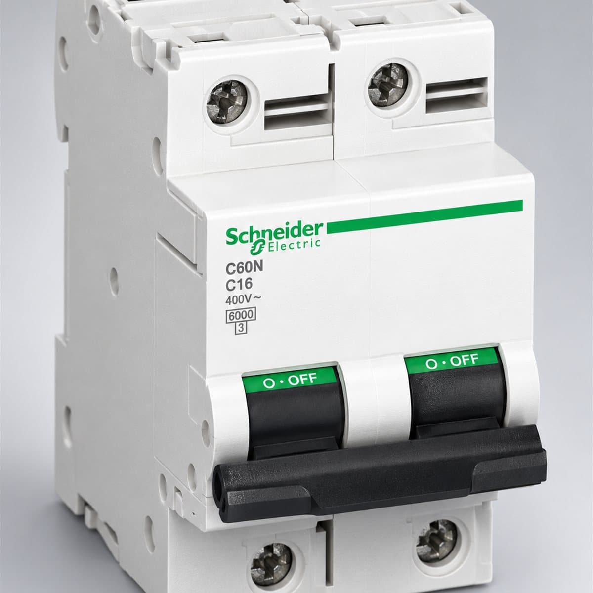MCB Acti9 C120H Schneider chụp góc nghiêng 3/4, thấy rõ mặt và cạnh bên